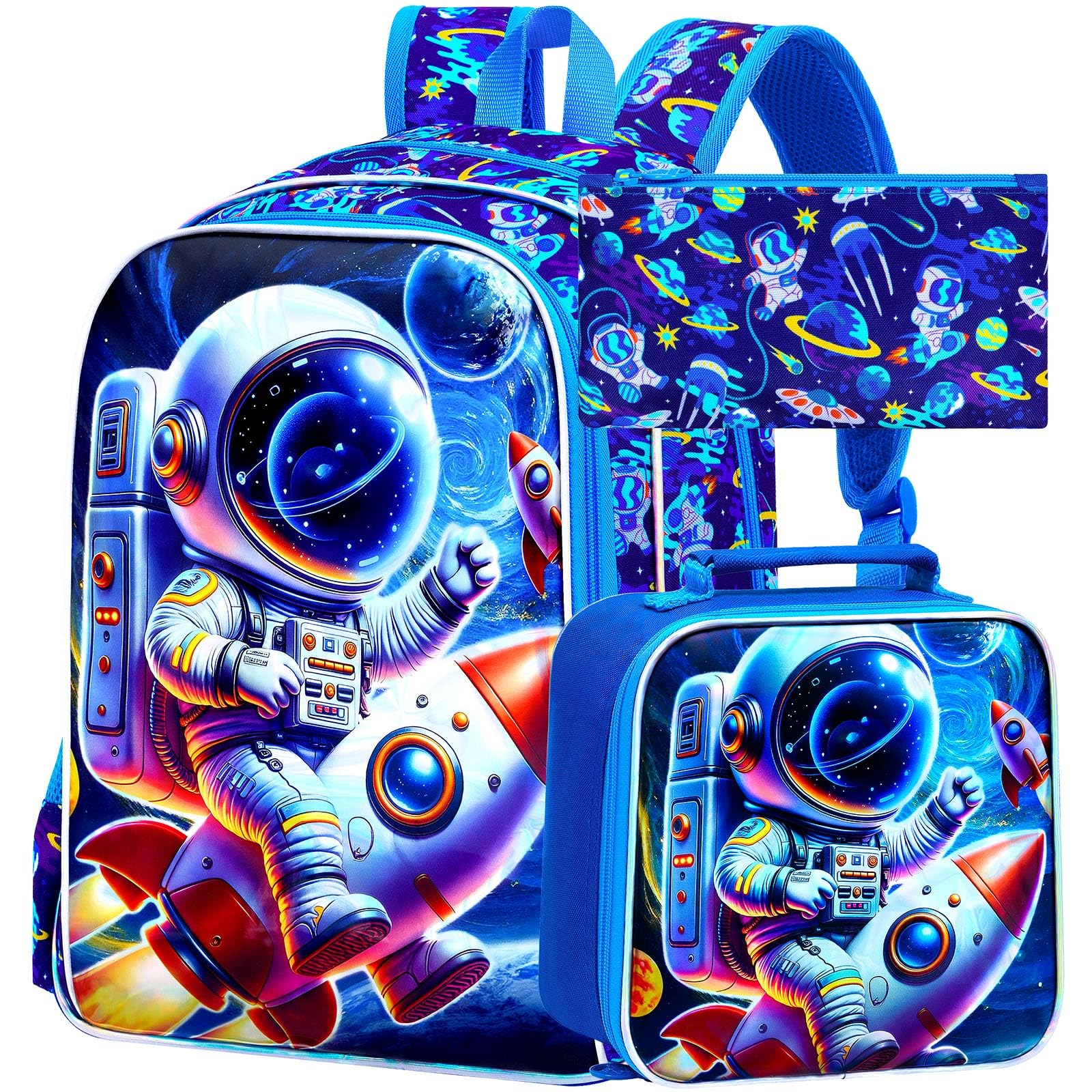 16" Space Backpack for Boys, 3Pcs Astronauts Bookbag with Lunch Box, Kids School Backpacks Set for Elementary Preschool Kindergarten (Blue)