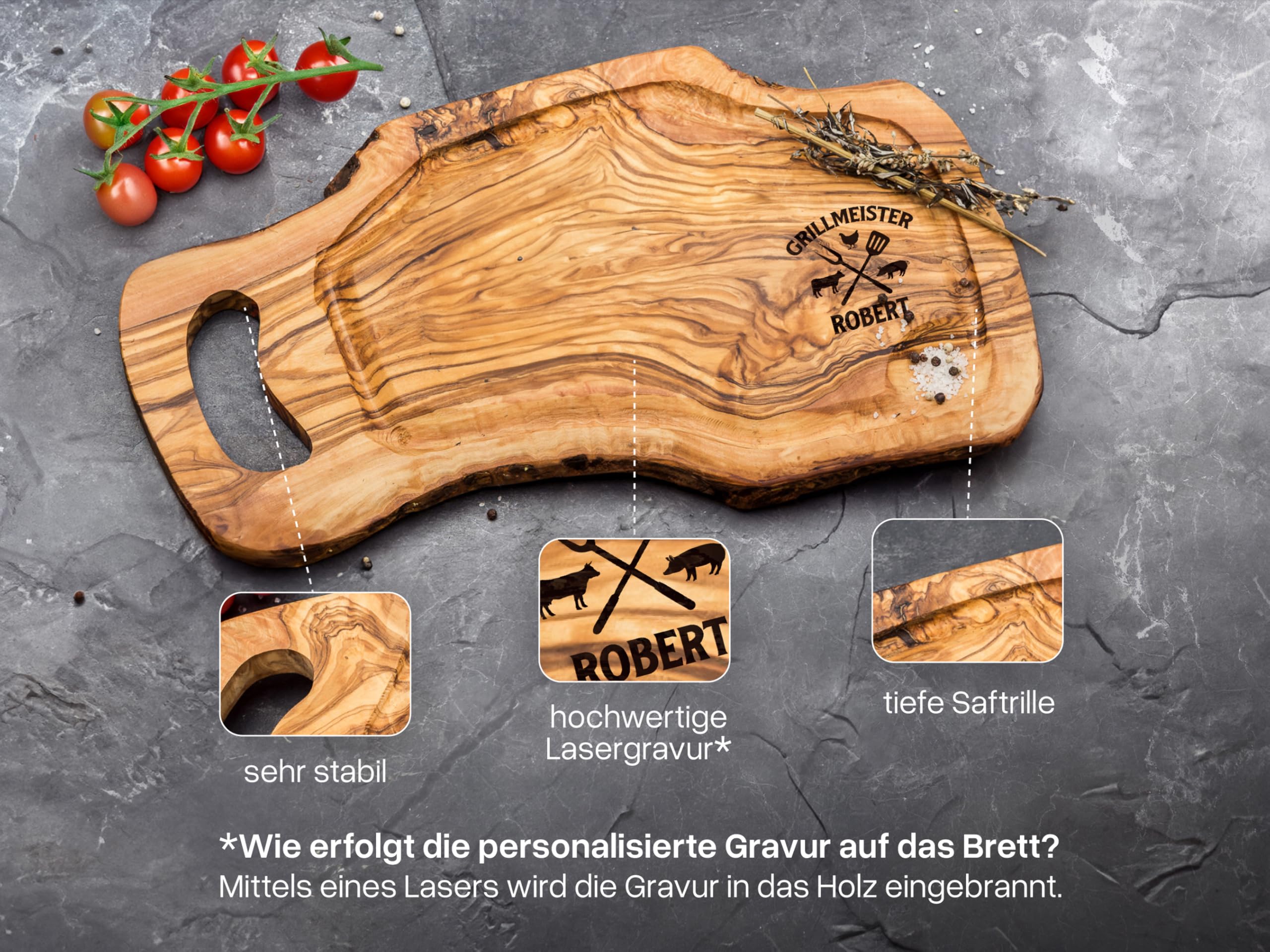 Schneidebrett Olivenholz [+ PERSONALISIERT] | Grillbrett | Grill Geschenke für Männer | Grill Zubehör | Personalisierte Geschenke Männer | Holzbrett mit Gravur | Servierbrett