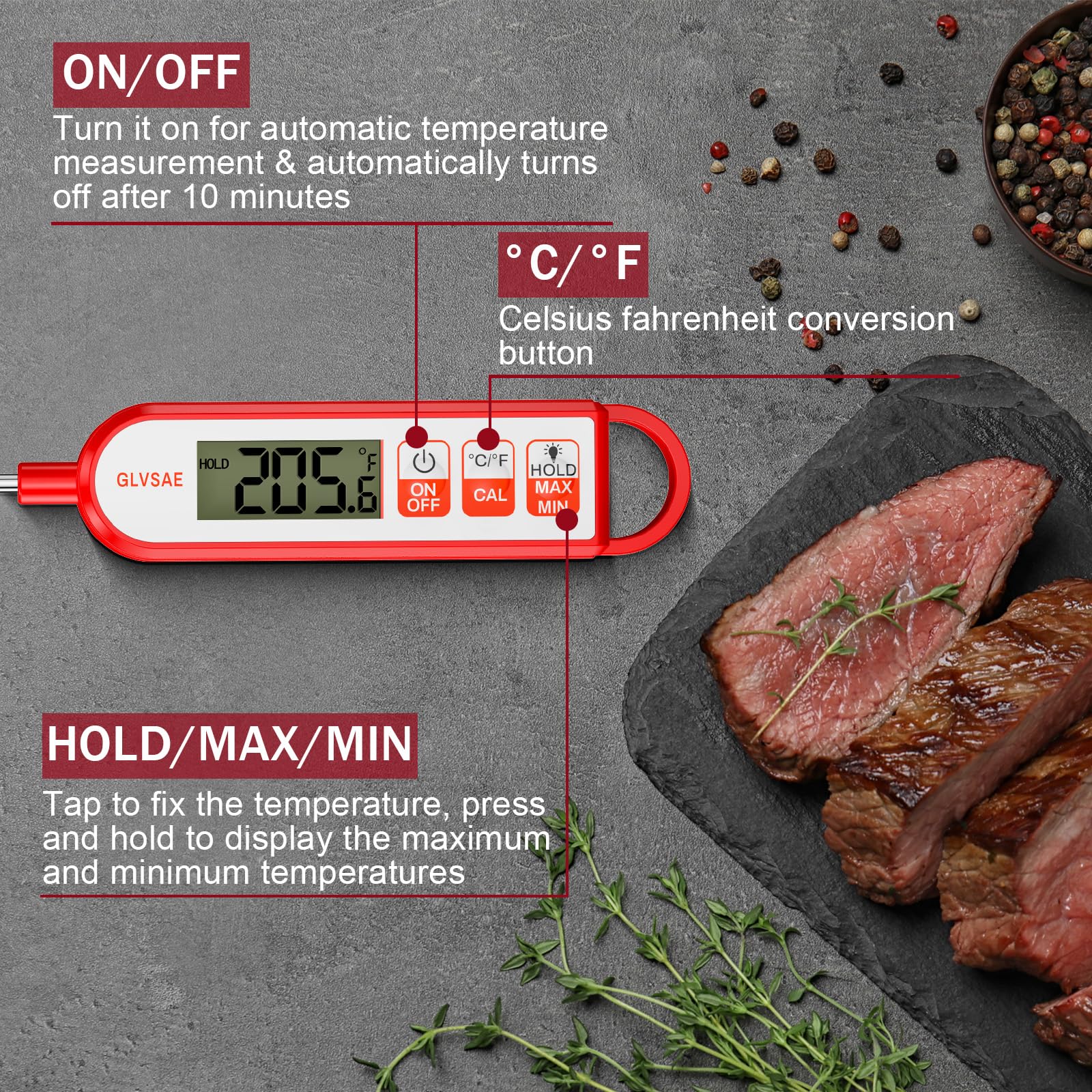 GLVSAE - Termometro digitale a lettura istantanea per carne, impermeabile, con sonda lunga 13 cm, per la misurazione della temperatura di alimenti, caramelle, barbecue, liquidi e carne, colore: rosso