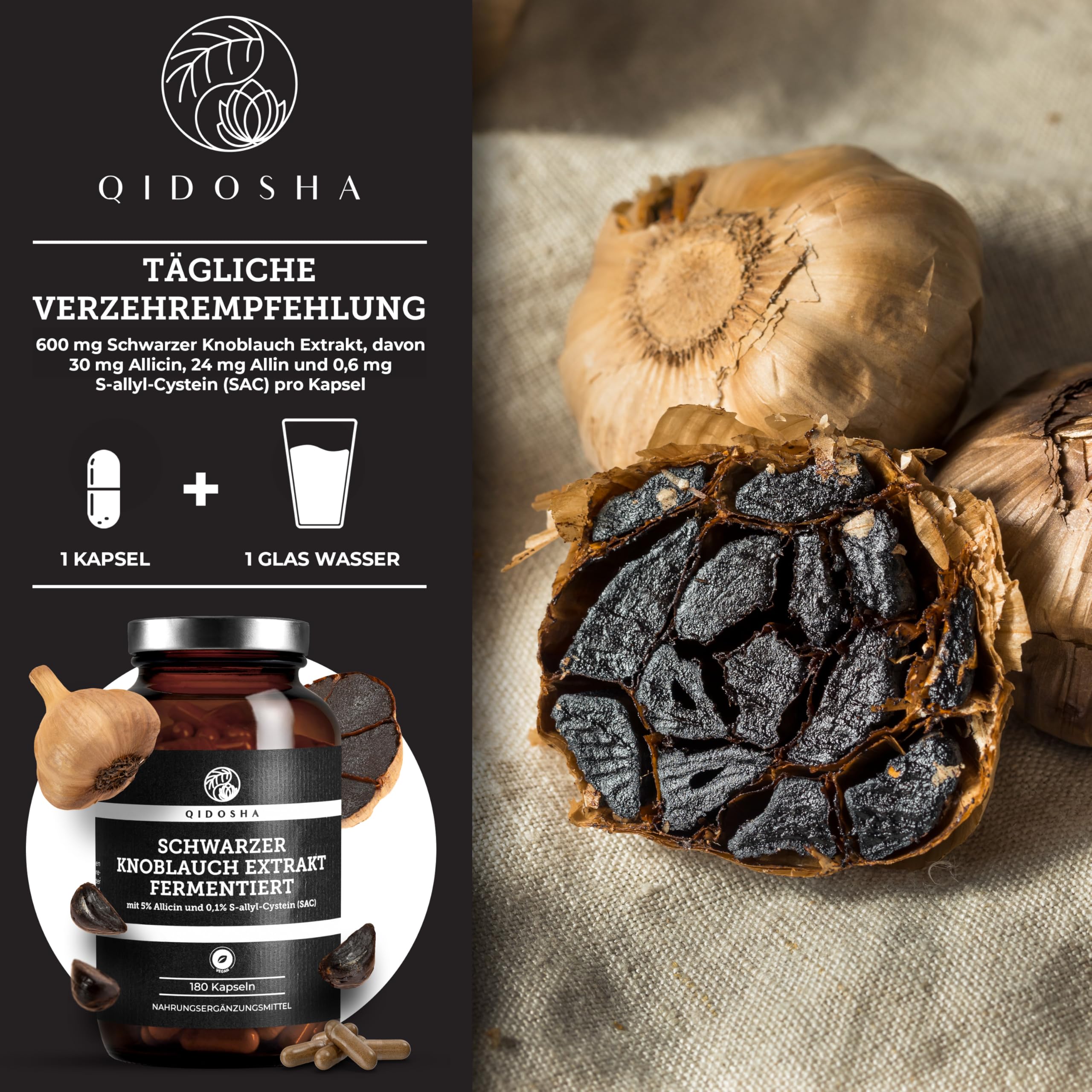 QIDOSHA® Schwarzer Knoblauch Extrakt hochdosiert, 180 Kapseln im Apothekerglas, 600mg je Kapsel, darunter 0,6 mg S-Allyl-Cystein (SAC), deutsche Fertigung, jede Charge laborgeprüft