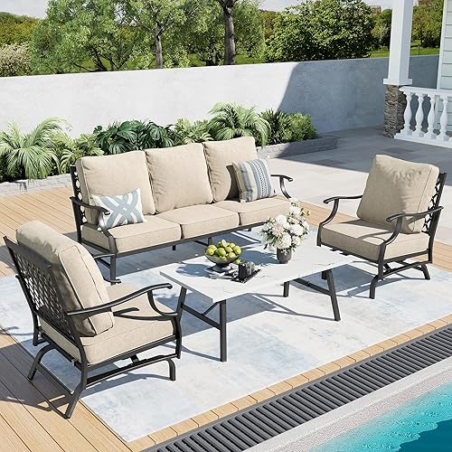 Juego de muebles de patio, muebles de patio de metal moderno de 4 piezas, sofá de 3 plazas, 2 sillas mecedoras, mesa auxiliar y cojín extra grueso