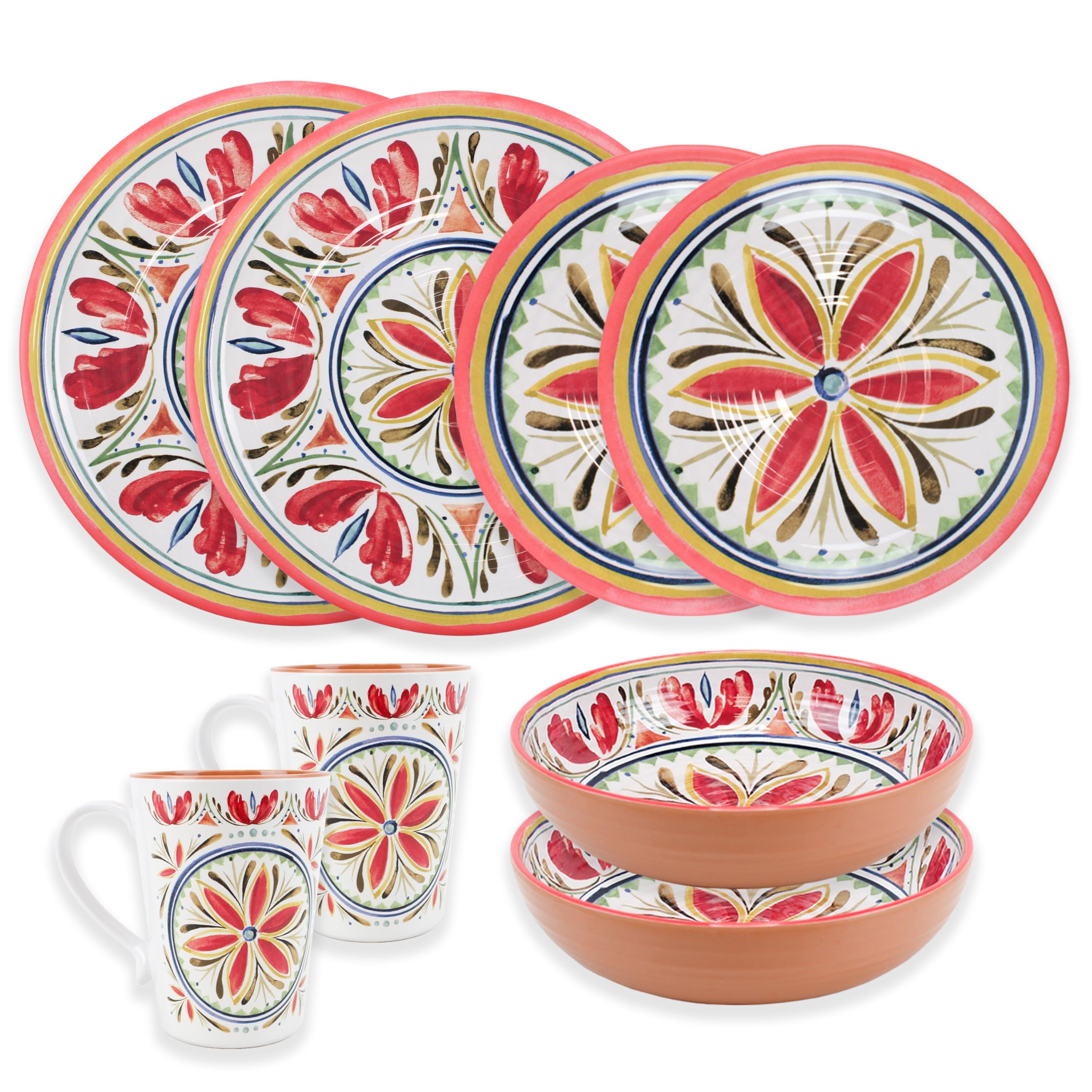 Patterned Outdoor Melamine Dinnerware Set with Mugs - Multicolour Camping/Picnic Plates Bowls Cups Set (8, Mediterranean)