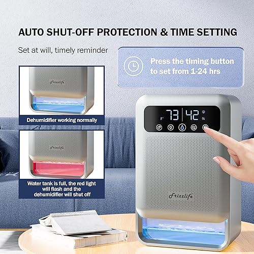 Miniatura 6 de Frizzlife Deshumidificador de aire, tanque de agua de 135 onzas con función purificadora, deshumidificadores pequeños silenciosos con modo de