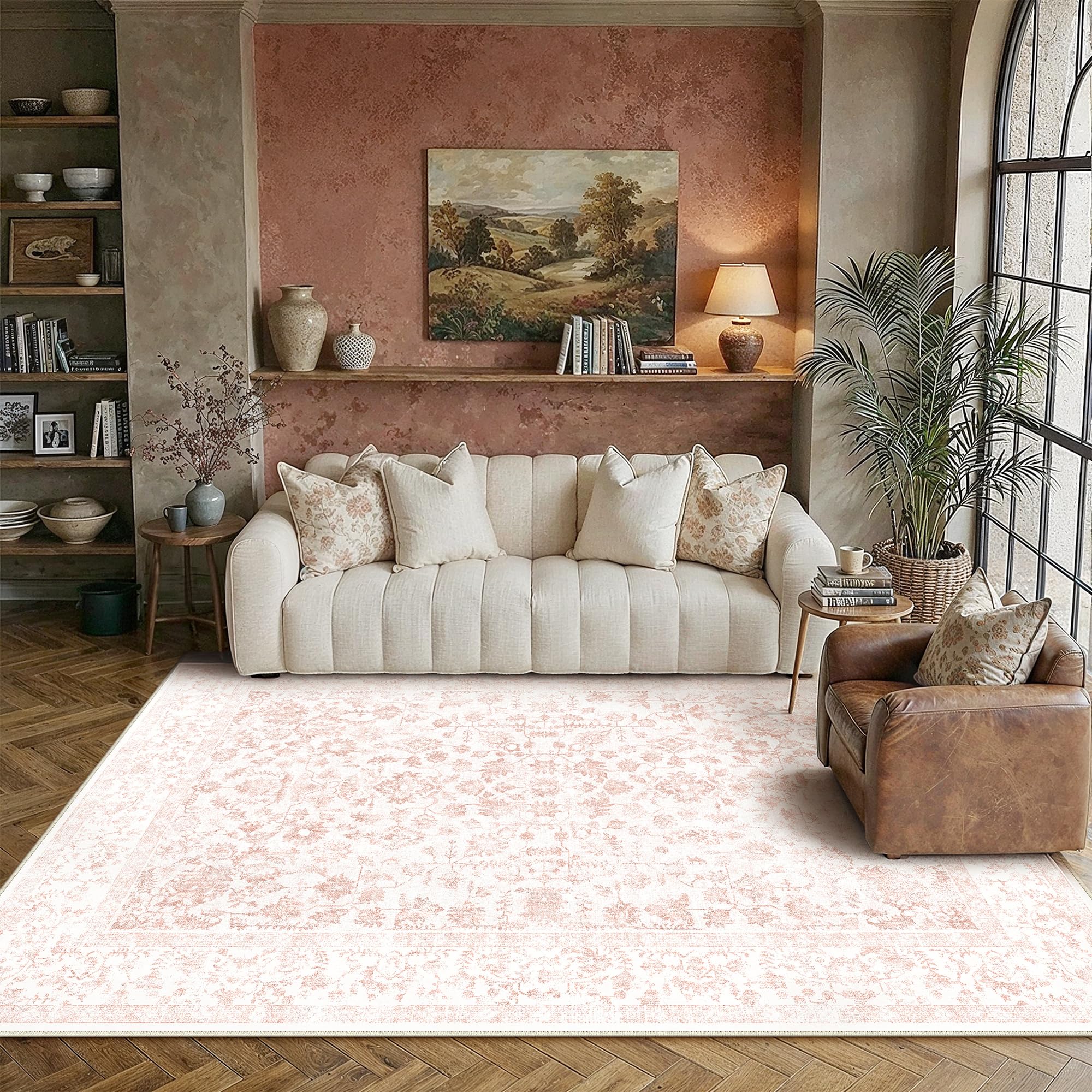 PureCozy 5x7 Pink Area Rug Washable Non Slip Vintage Living Room Carpet