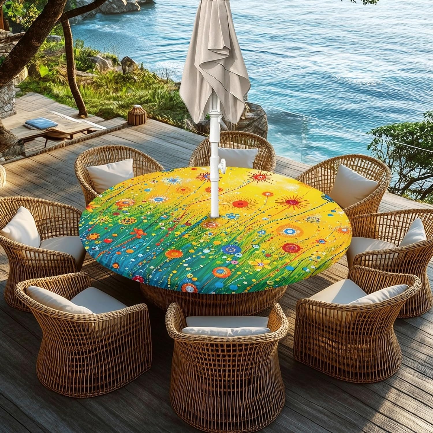 Abstract Pattern Outdoor Round Tablecloth with Umbrella Hole Waterproof Circle Fitted Tablecloth with Elastic Zippered Table Cloth Patio Table Cover for Picnic Garden, Fit for 45"-52" Outdoor Tables