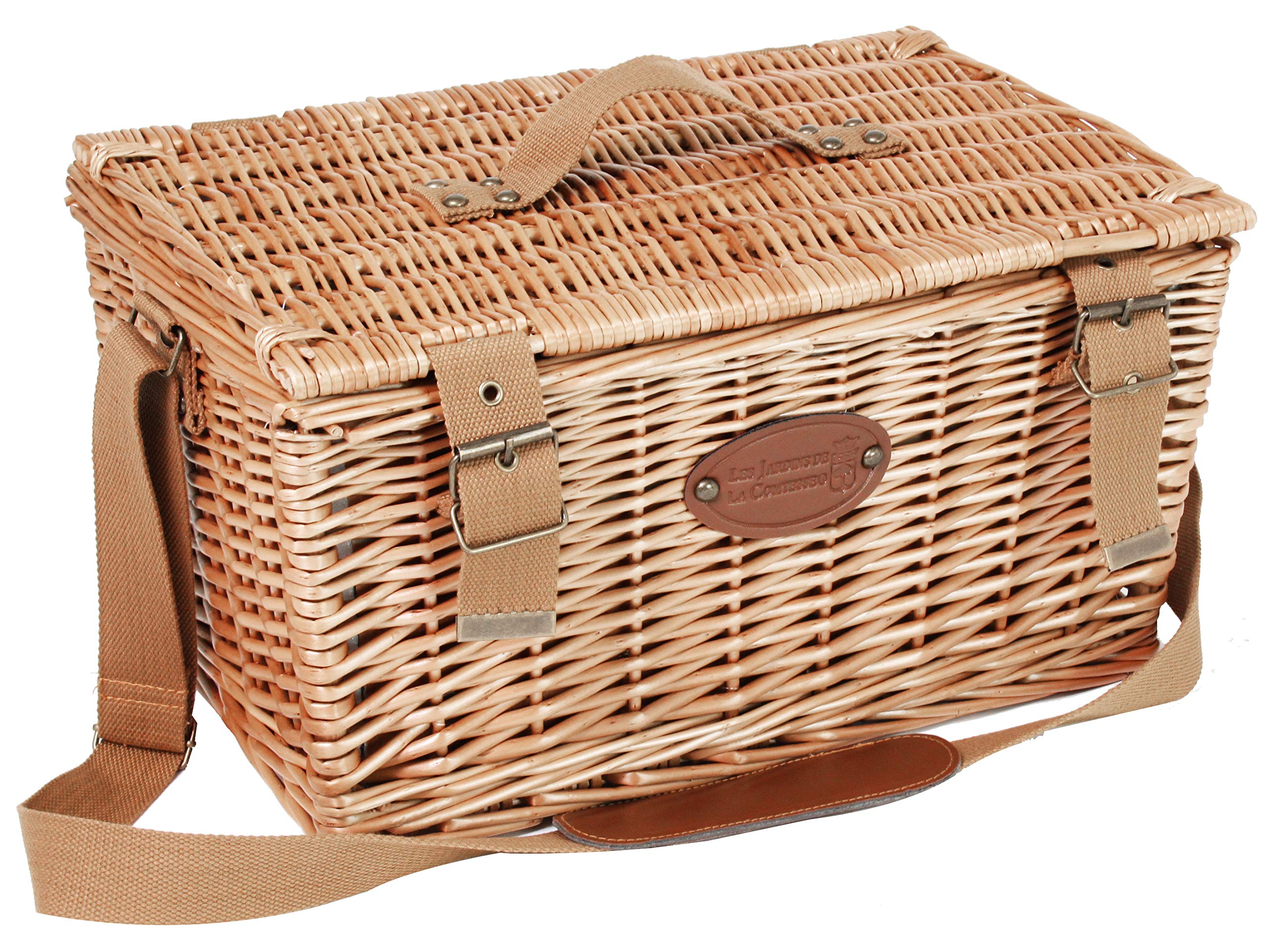 Les Jardins de la Comtesse – Cesta Picnic de Mimbre Concorde – 2 Personas/Nevera isotérmica, Platos, Copas de Vino/Tazas de Metal – Tejido Color Blanco y Gris – 42 x 30 x 23 cm