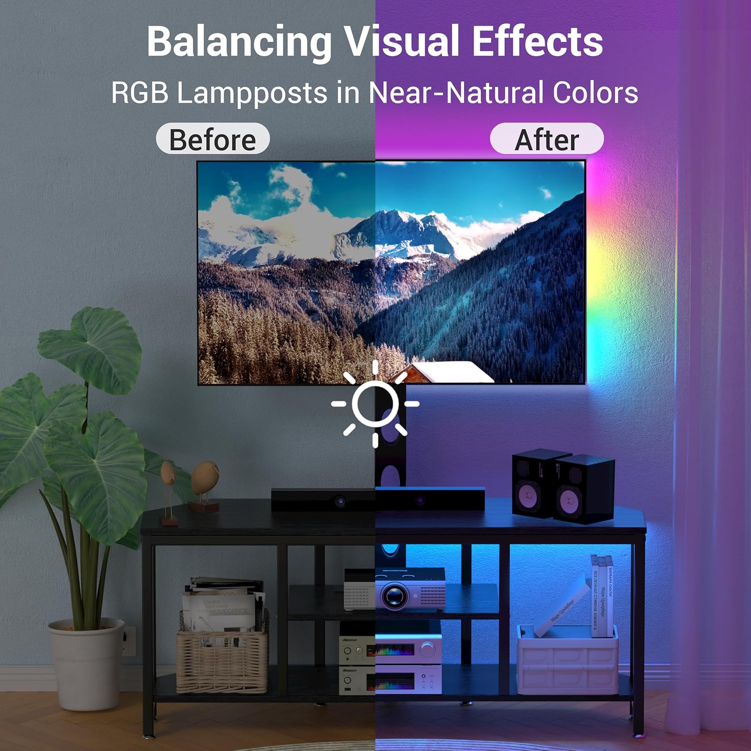 Corner TV Stand with Mount LED - Universal TV Mount Stand for 32-65" TV, Height Adjustable Swivel TV Console Wood & Steel Entertainment Center with Mount, Cabinet, Power Outlet, Colorful Light, Black - Image 7