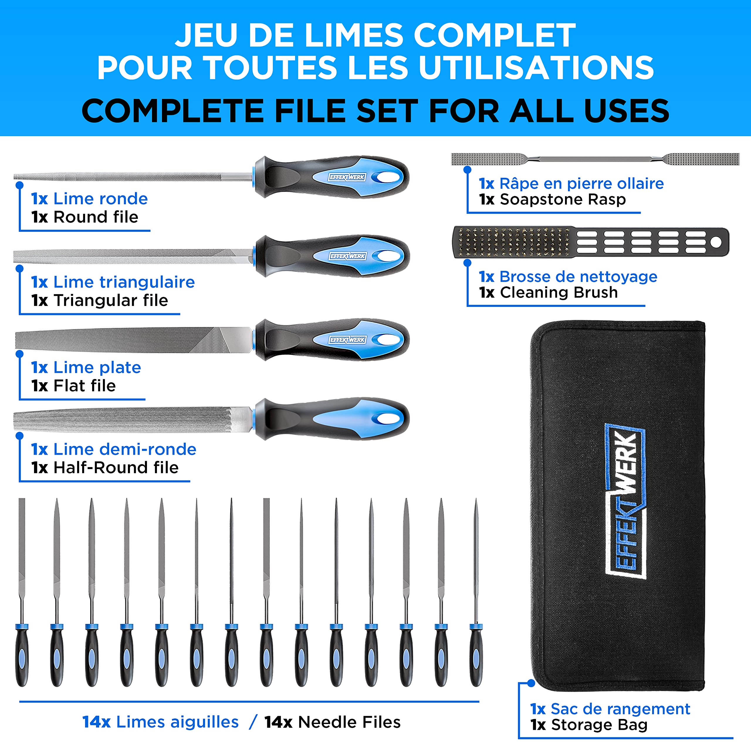 Jeu de limes - 21 pièces - 4 grandes limes (ronde, demi-ronde, triangulaire et plate) - Brosse métallique, râpe, pochette de rangement et 14 limes aiguilles