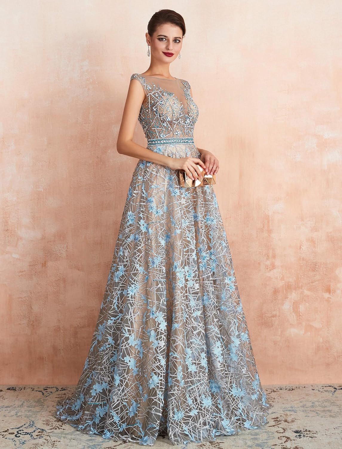 Women's Beaded Applique Sweep-Train Sleeveless Prom Dress