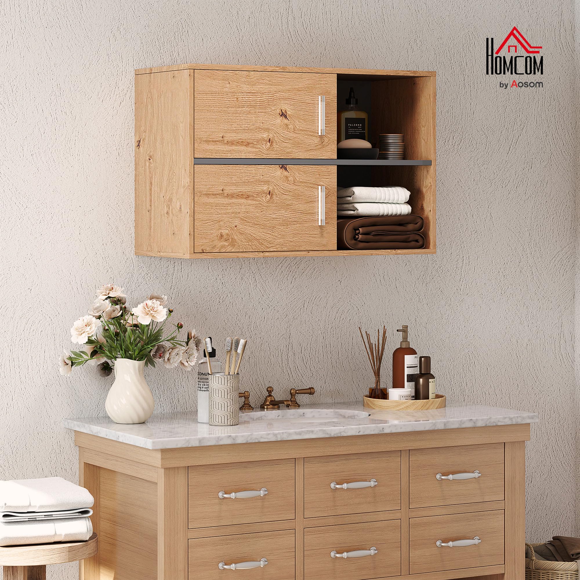 HOMCOM Mueble Auxiliar de Baño 2 Puertas Moderno 80x35x57,5 cm Natural | Armario de Baño de Pared, Compartimentos Abiertos de Almacenamiento, para Entrada Cocina