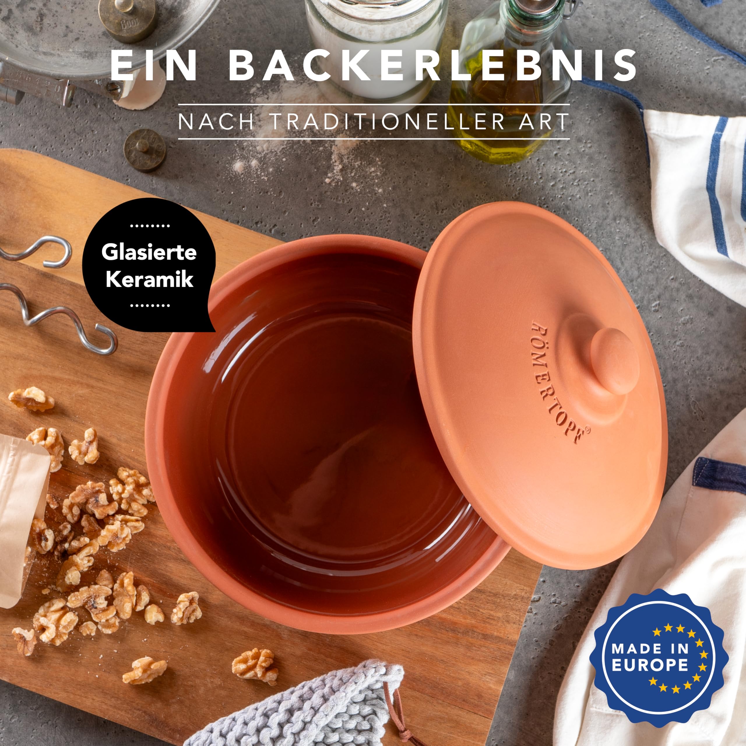 Römertopf Brot-Back-Topf aus Naturton, Ø 23 cm, runde Brotbackform mit Deckel, glasiertes Unterteil, unglasierter Deckel für Dampf/Schwaden, knusprige Kruste & luftige Krume, ofenfest