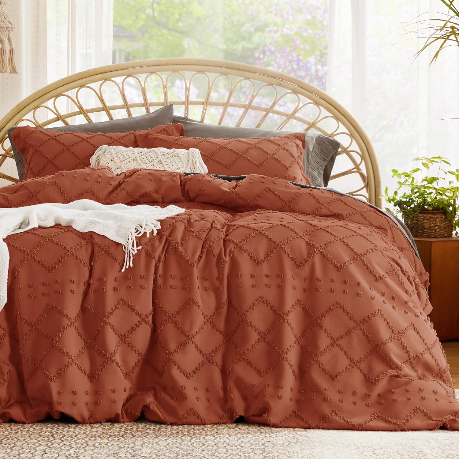 Bedsure Boho Duvet Cover King Size - Boho Bedding, Tufted King Duvet Cover for All Seasons, 3 Pieces Embroidery Shabby Chic Home Bedding,Comforter Not Included (Terracotta, 104" x 90") 08 - Terracotta (No Comforter) King (104" x 90")
