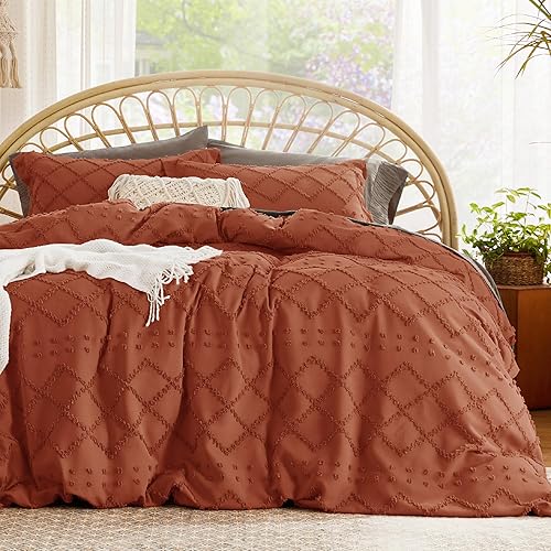 Bedsure Boho Duvet Cover Queen Size - Terracotta Breathable &