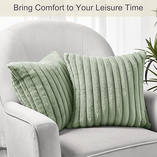 Miniatura 42 de Volcanics Paquete de 1 funda decorativa de felpa de piel sintética de doble cara de 18 x 18 pulgadas, fundas de almohada suaves y esponjosas a rayas