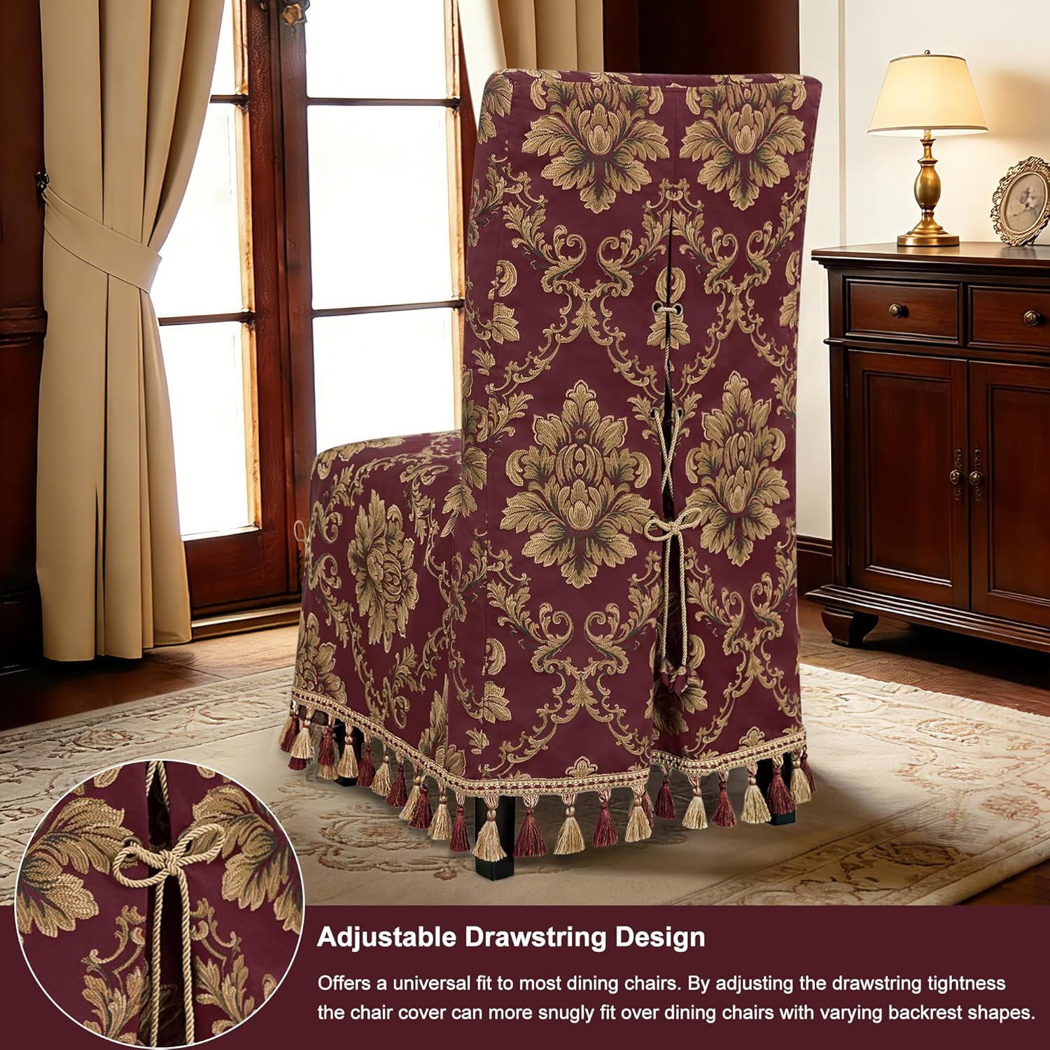 Loom and Mill Adjustable Dining Chair Cover 1 Piece, Elegant Damask Floral Removable Full Length Parsons Chair Covers with Tassels and Ties for Dining Room Party Banquet Home Decor, Wine Red