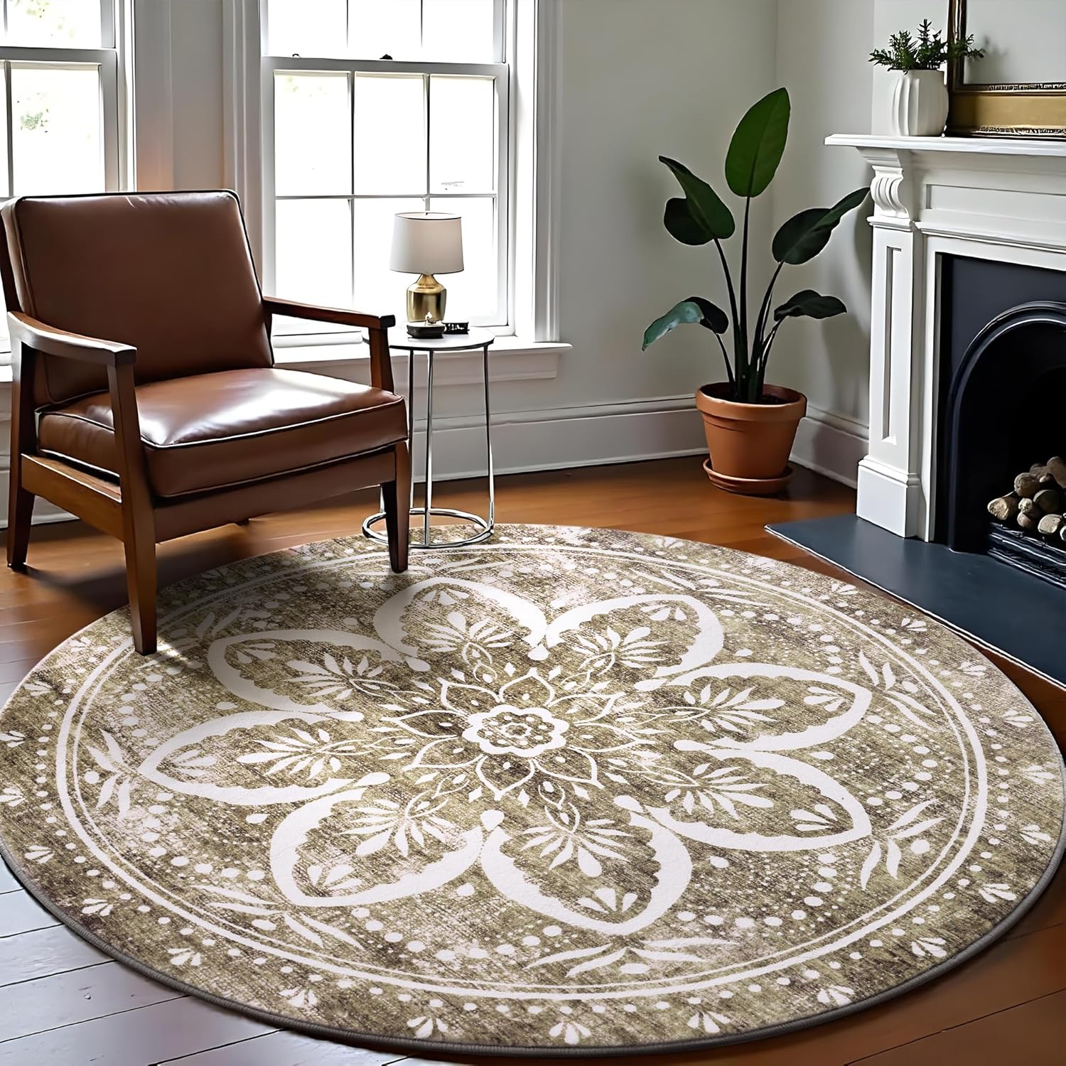 Carvapet Round Rugs, Vintage Circle Rug, Washable Non Slip Rubber Backing Foldable Low Pile for Living Room Bedroom, 5 ft Brown Rug Brown Rug 5ft