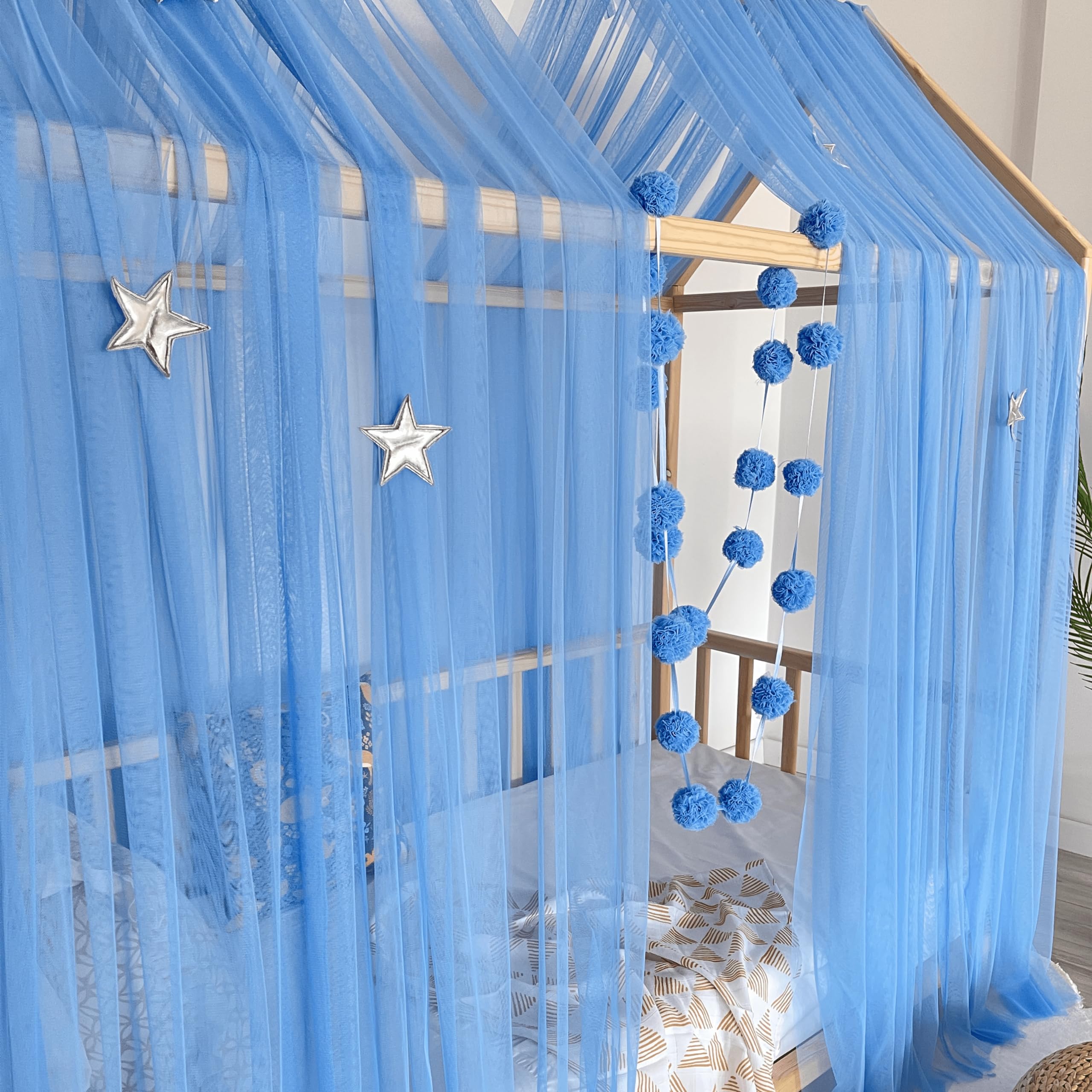 Baby Fancyroom Hausbett Himmel blau Betthimmel Deko Set Kinderzimmer Kinderbett Baldachin Pompongirlande aus Premium Tüll für Hausbetten (340cm)
