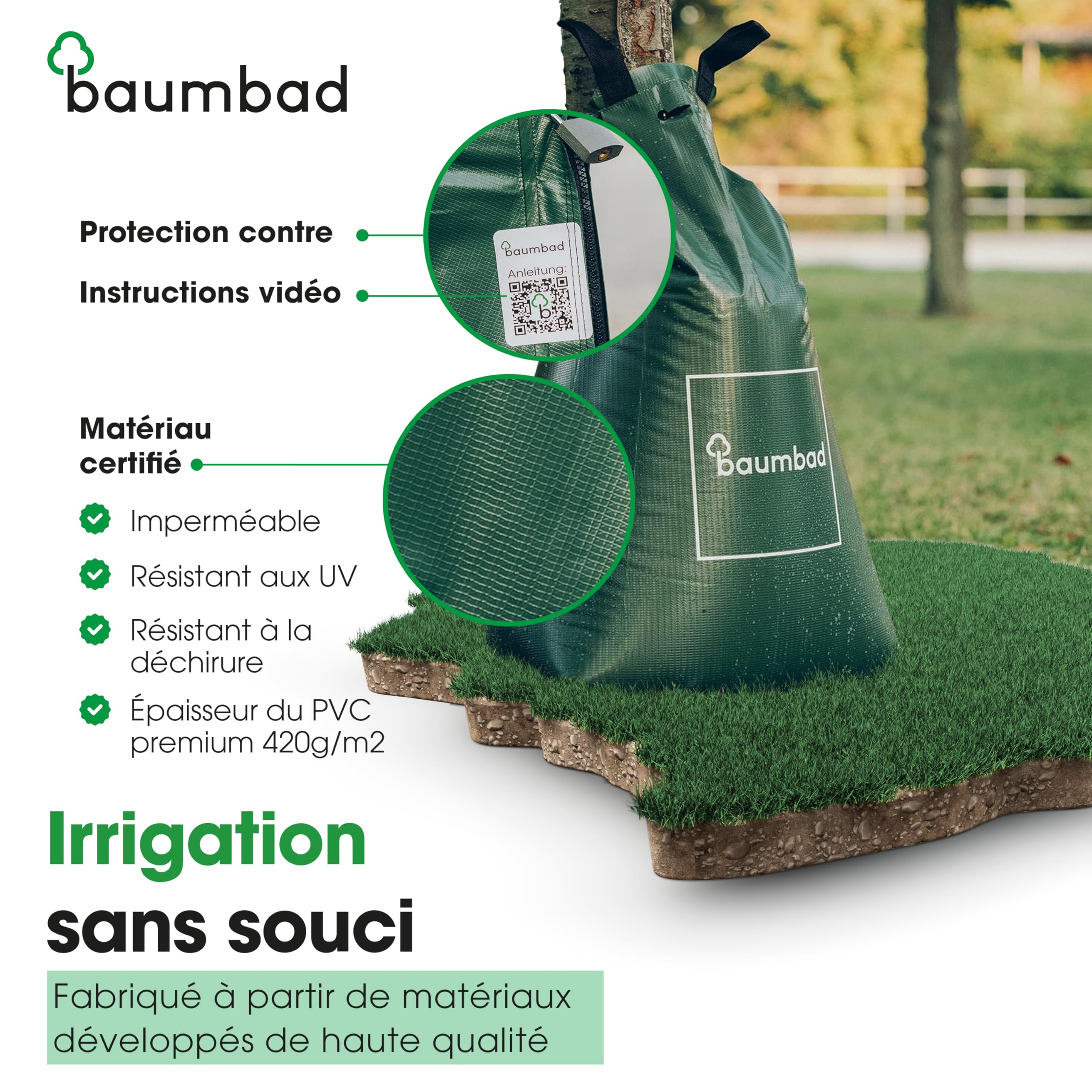 baumbad | 1 sac d'irrigation pour arbres pour un système d'irrigation à long terme | Sac à eau robuste de 75 litres/sac d'irrigation, en PVC résistant aux UV, support de plantes pour les étés chauds