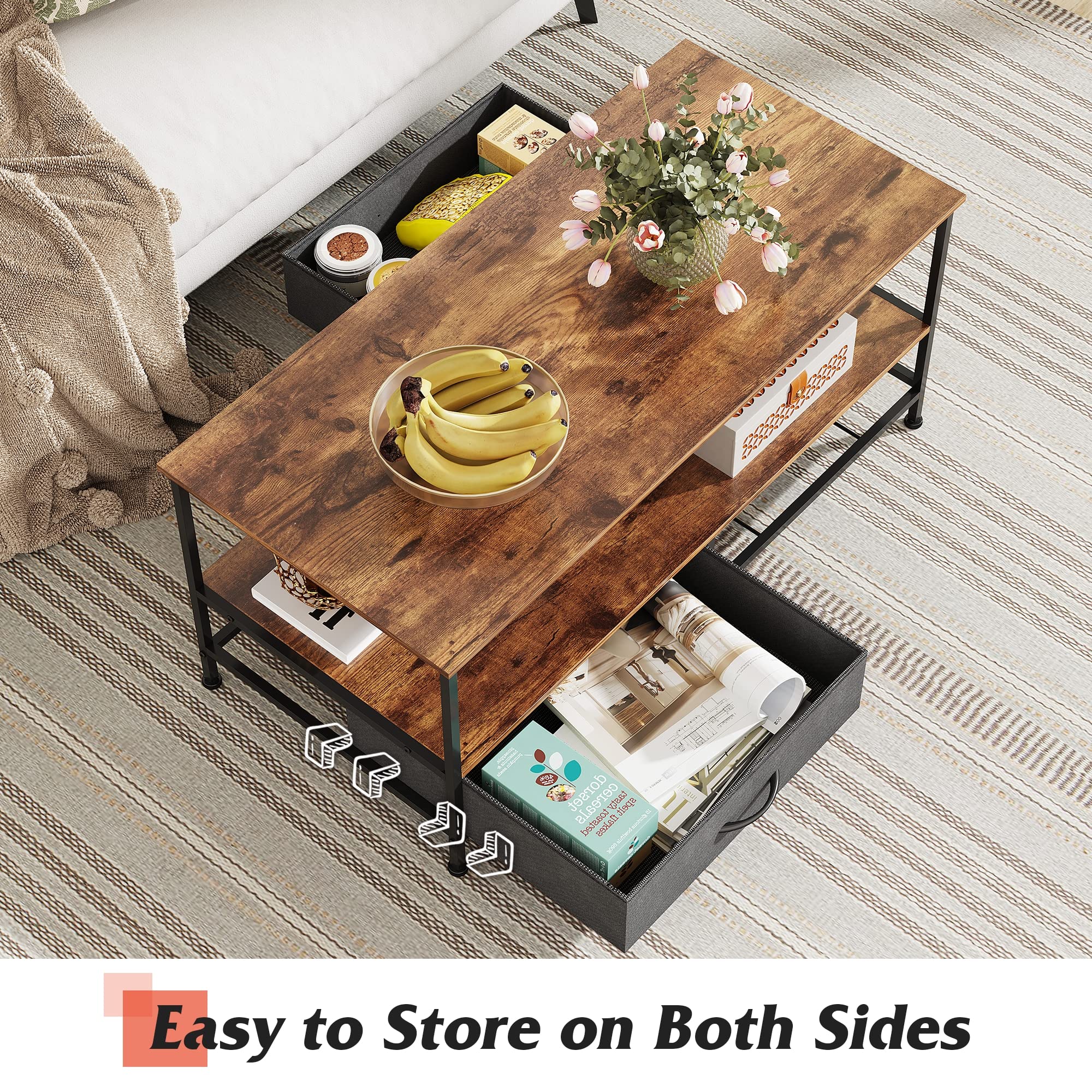 WLIVE Coffee Table with Storage Drawers and Open Shelf, MidCentury