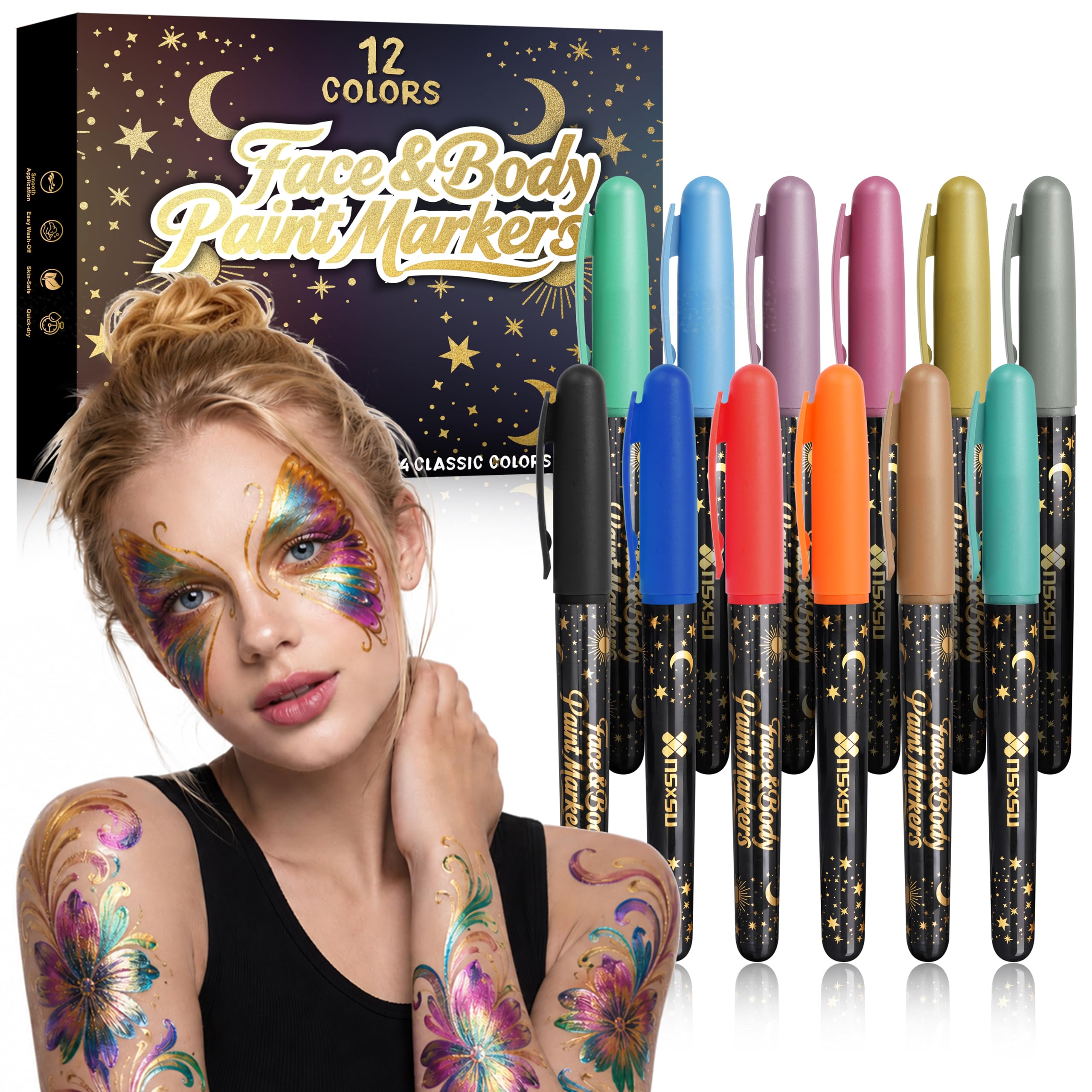 12 Metallic Face Paint Body Markers, Athena Face Paint, Glitter Tattoo Pens