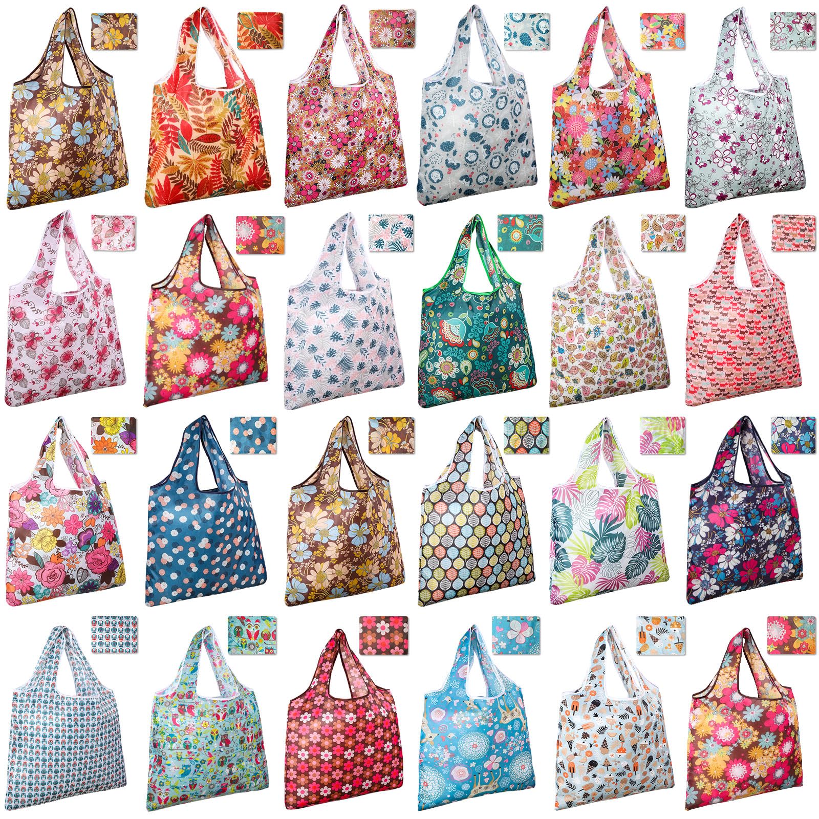 Eccliy 24 Pieces Reusable Grocery Bags Polyester Shopping Bags for Groceries Multi Colors Reusable Foldable Shopping Tote(Flower Style)
