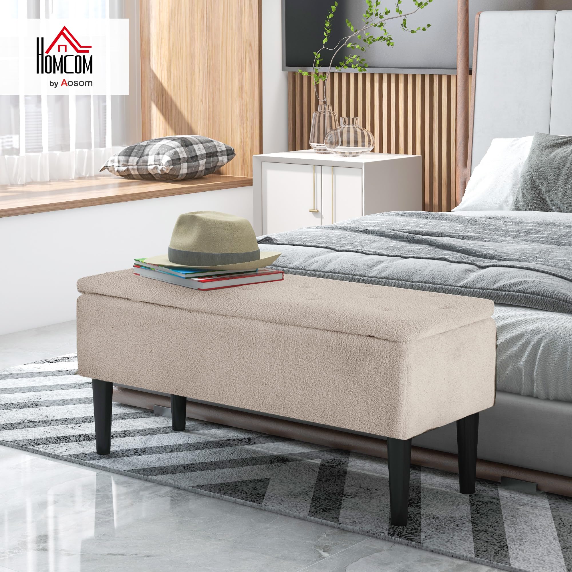 HOMCOM Puff Almacenaje, Banco Almacenaje Plegable, Capacidad de 57 L, 95x38x45 cm, Tapizado en Borreguito, Pie de Cama con Tapa Abatible y Patas de Madera, para Salón, Dormitorio, Entrada, Crema