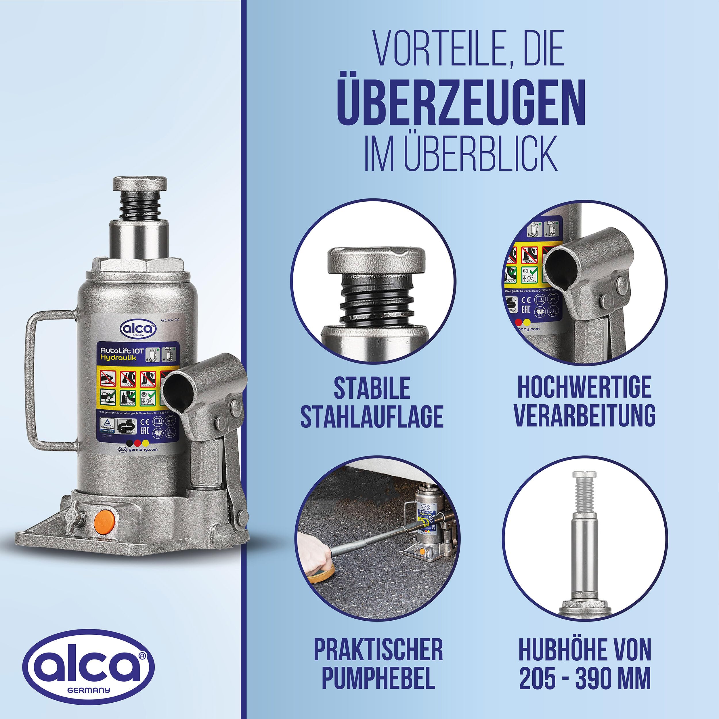 Cric hydraulique alca® t I Double Piston, certifié GS & TÜV, Hauteur de Levage 205-390 mm, Huile Rechargeable, cric - idéal pour SUV, camionnettes & Camping-Cars
