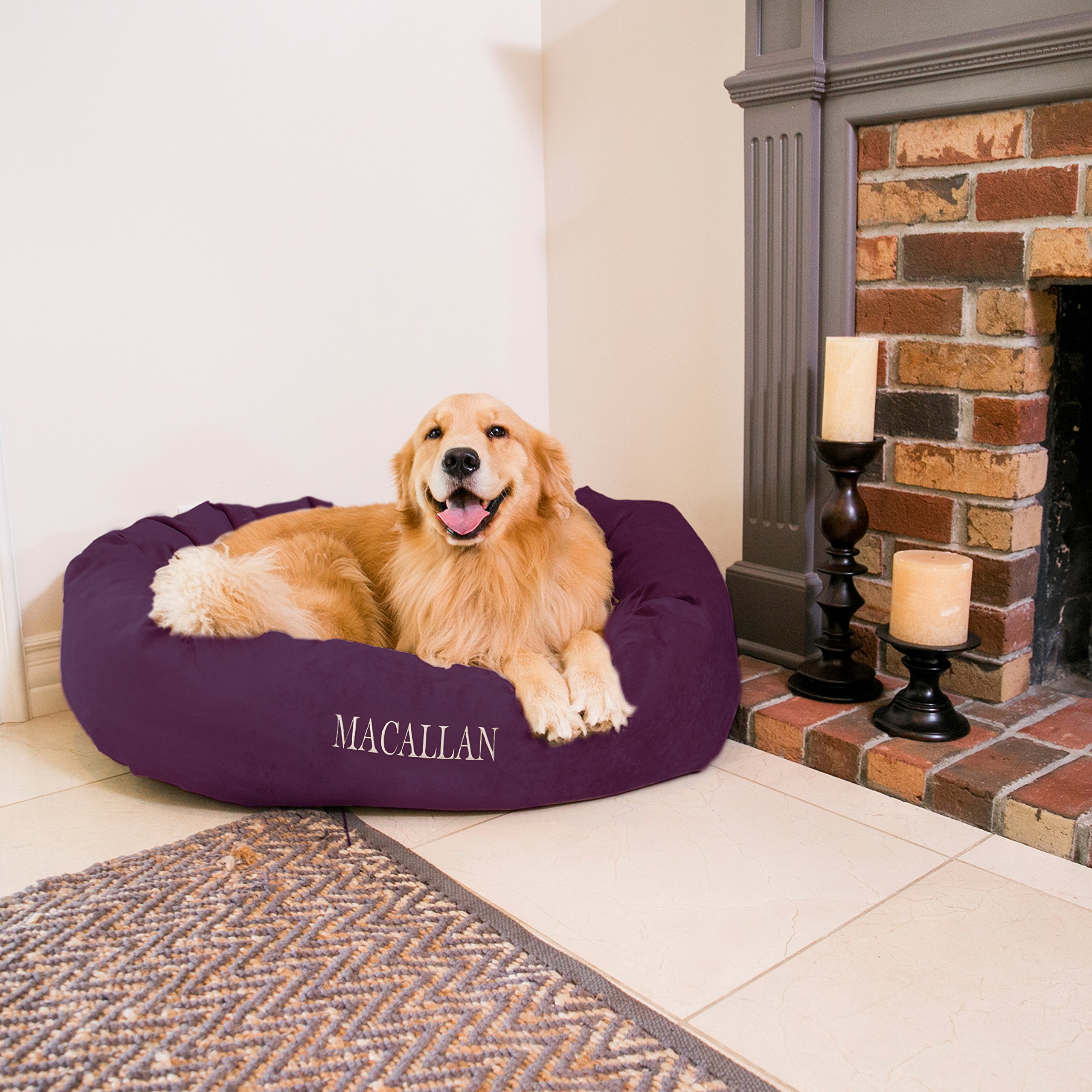 Personalized Majestic Pet Bagel Dog Bed - Machine Washable - Soft Comfortable Sleeping Mat - Durable Bedding Supportive Cushion Custom Embroidered - available replacement covers - Extra Large Eggplant