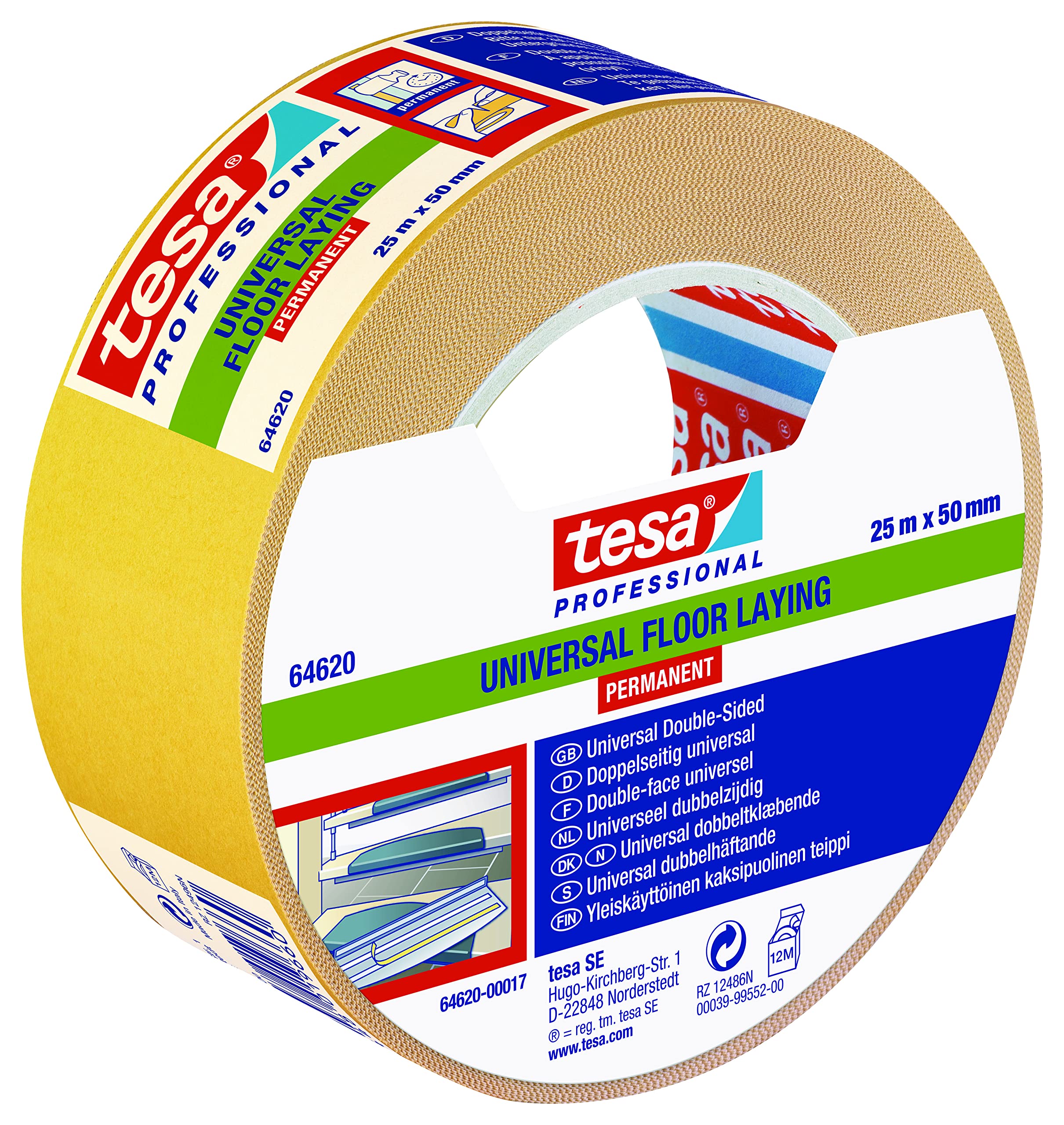 tesa fix 64620 - Cinta de colocación universal para alfombras, de soporte de polipropileno blanco, doble cara, para alfombras, con parte trasera lisa o fibrosa, 25 m x 5 cm, 6 unidades
