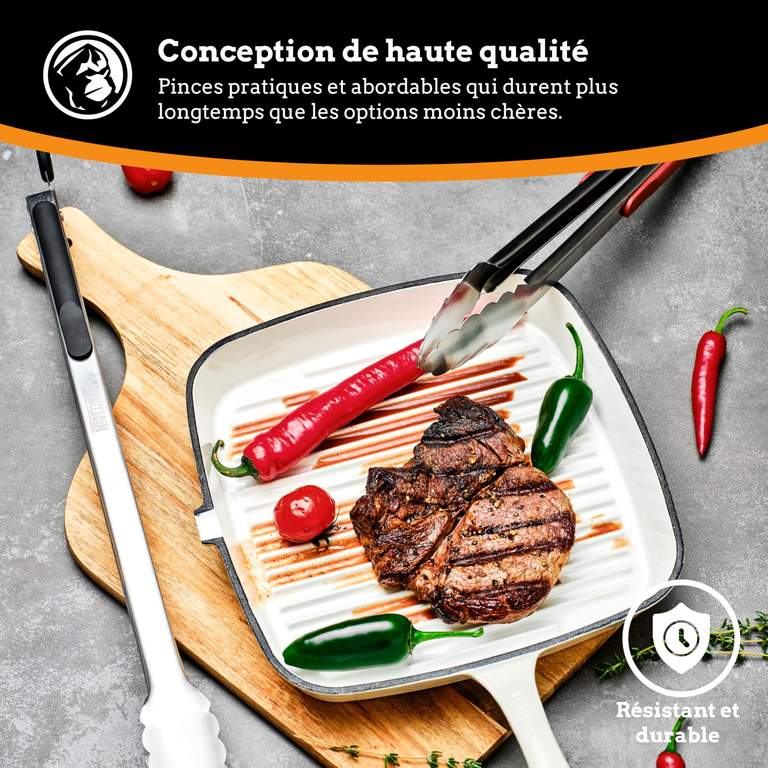 Longues pinces à gril en acier inoxydable (30 et 40 cm) - 2 pinces à gril et à barbecue en métal avec poignée antidérapante résistant à la chaleur - Outils de gril faciles à utiliser et à laver.