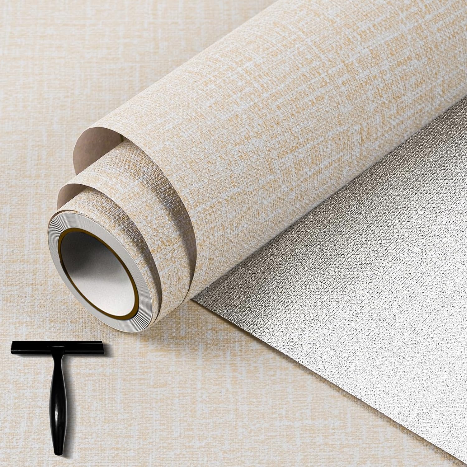 WADILE Wallpaper Peel and Stick for Cabinets and Removable Wall Paper, Texture Adhesive Removable Contact Paper for Bathroom Garage Living Room 78.7? × 15.8? Beige 15.8" x 78.7" Beige