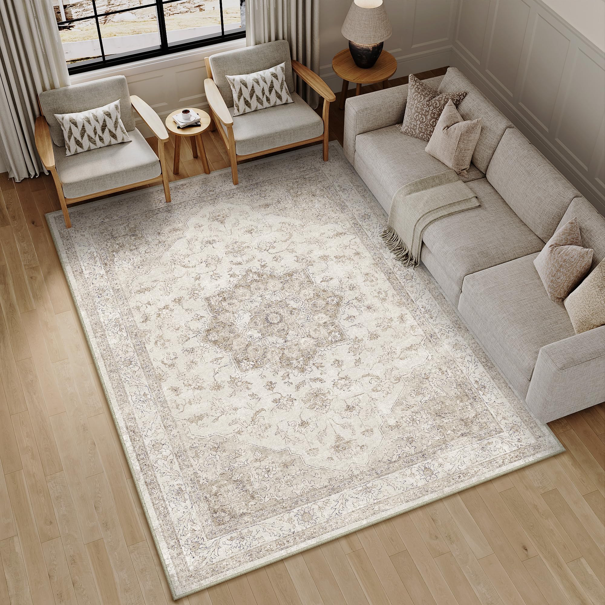 PureCozy Vintage Washable Beige Rugs Living Room Area Rug 140x200cm Bedroom Large Non Slip Soft Carpet Kitchen Bedroom Dining Room Office Indoor Low Pile Carpets - Image 3