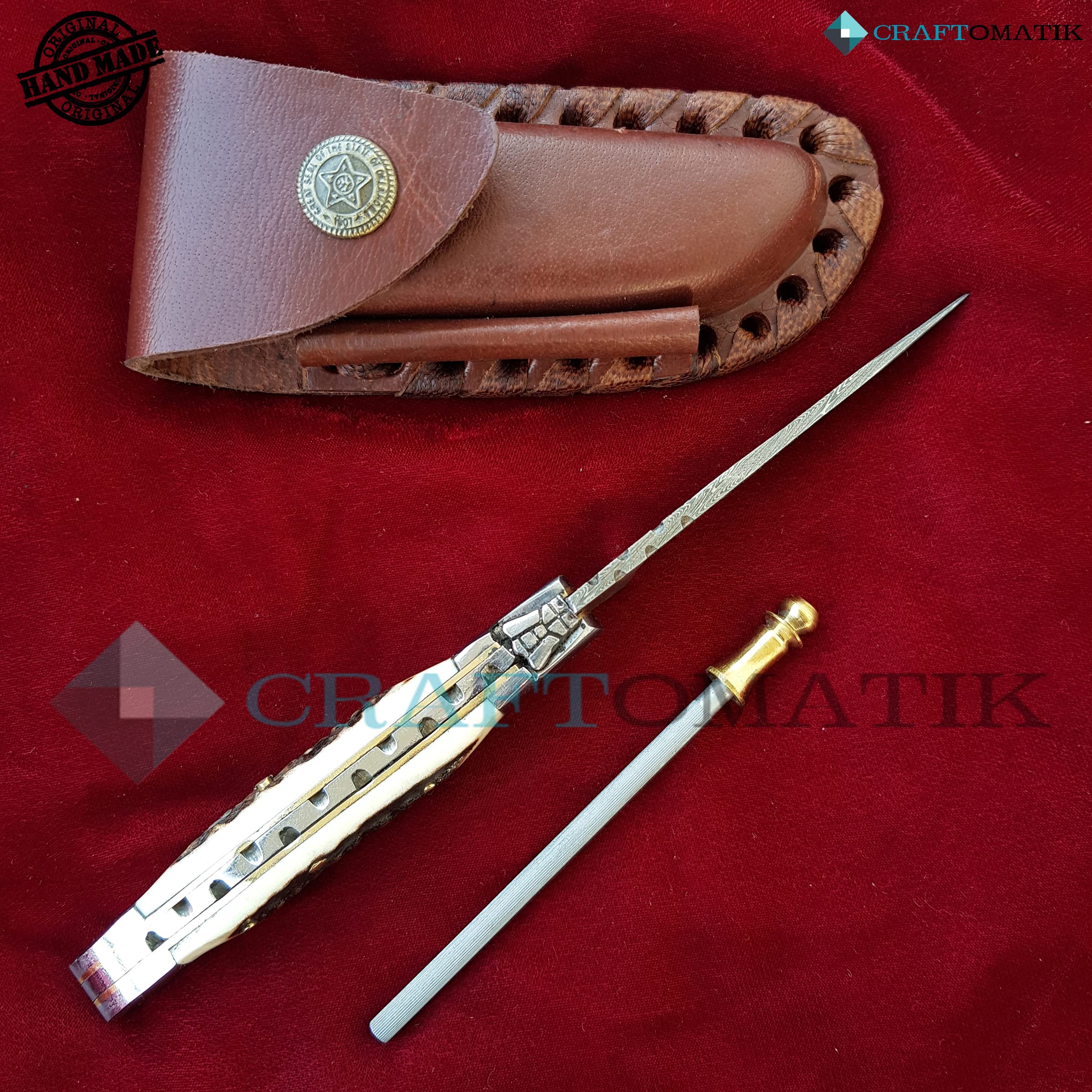 Coltello tascabile in acciaio damascato, coltello pieghevole Laguiole, corno di cervo, acciaio inox, manico in ottone, realizzato a mano, coltello damascato per esterni, FK03