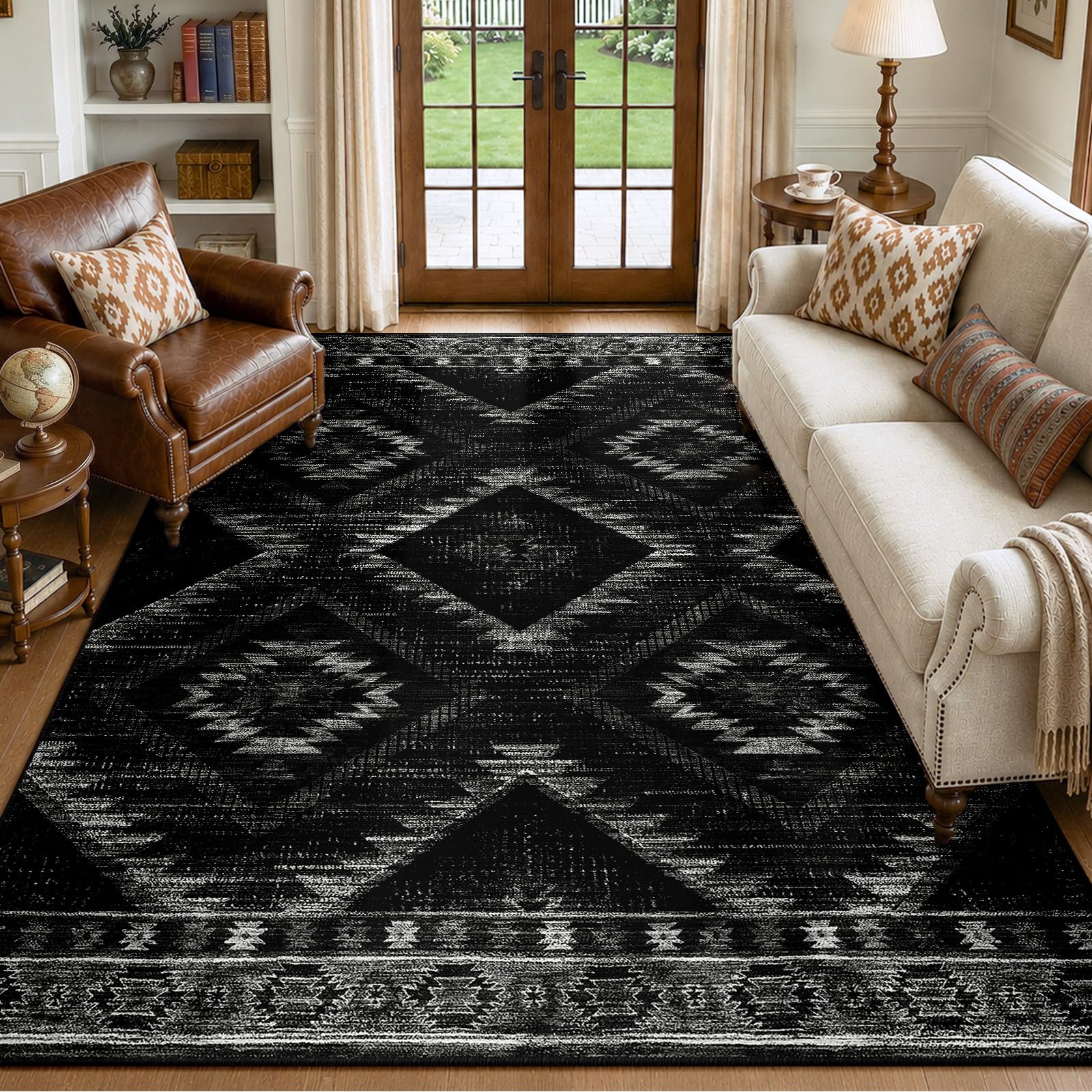 Tapis marocain lavable en machine avec dossier antidérapant vintage noir