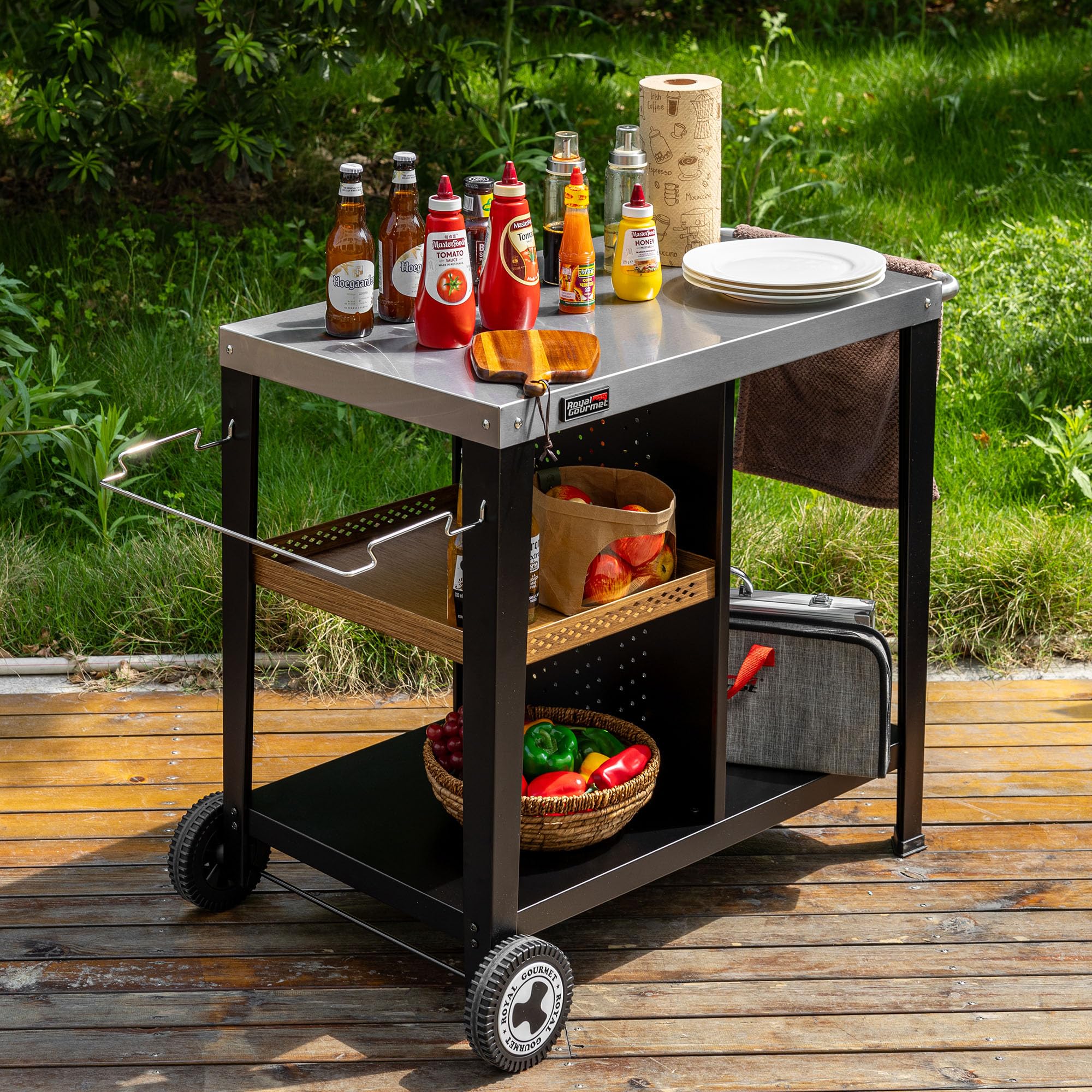 Royal Gourmet Table de Barbecue avec Plaque en Acier Inoxydable de 85 x 50 cm - Chariot de Barbecue à 3 étages pour Barbecue de Table et Fours à Pizza, Chariot avec poignées, Porte-Sac Poubelle et