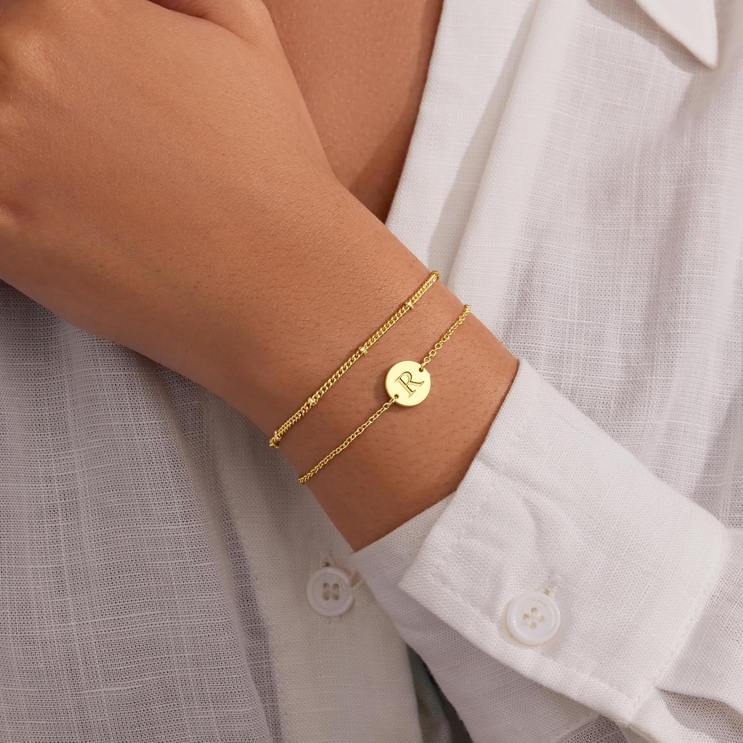 Inerney Personalized Gold Initial Bracelets for Women - Dainty 14K Gold Plated Layered Disc Monogram Charm Bracelet, Customizable A-Z Letter Jewelry Gift for Her - Image 3