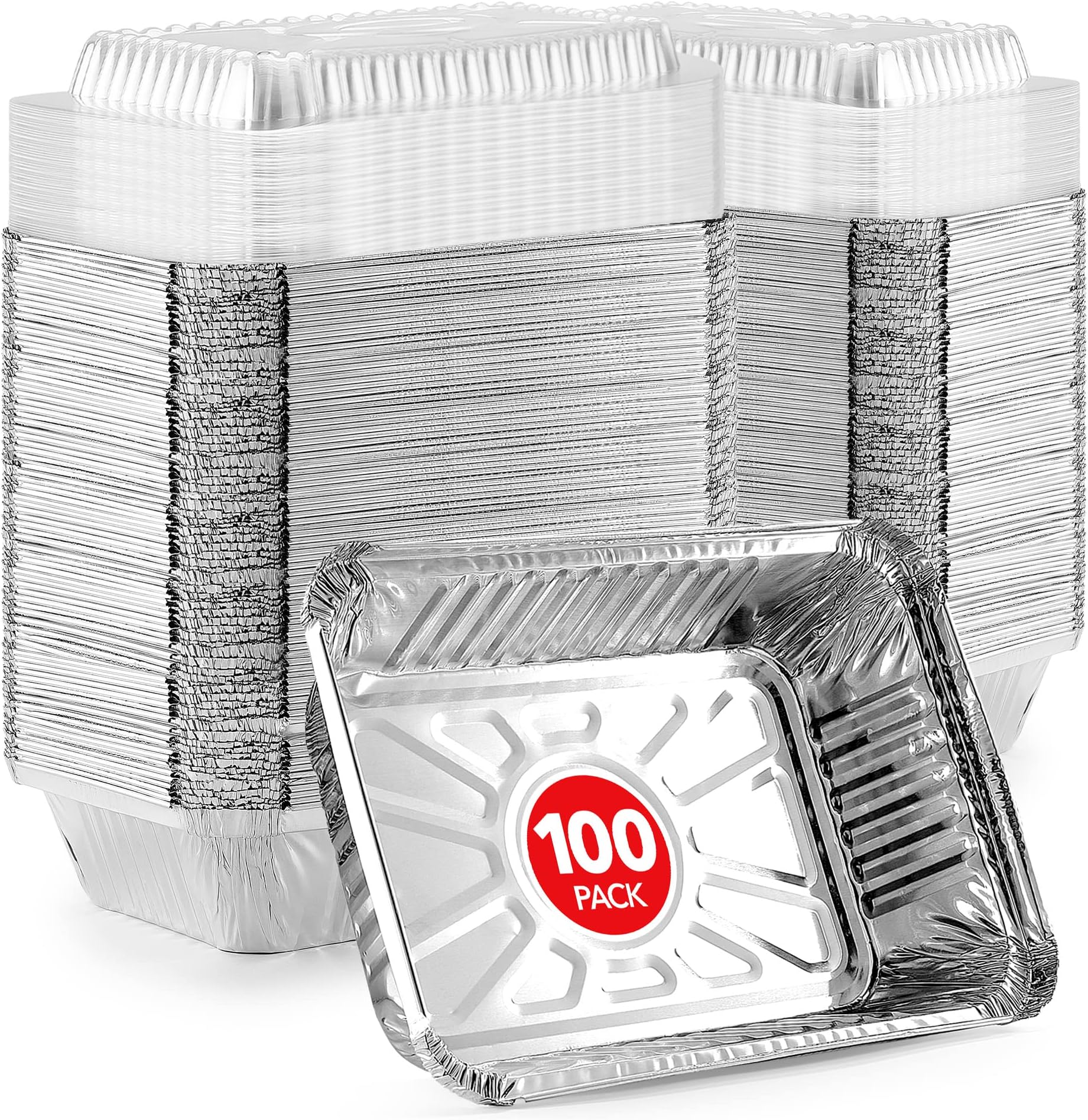 Stock Your Home 2 Lb Small Aluminum Pans with Lids (100 Pack) Foil Pan + Clear Plastic Lid, Disposable Cookware, Takeout Trays with Lids - To Go Disposable Food Containers for Restaurants & Catering