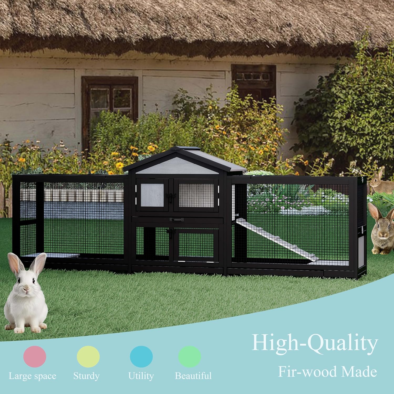 88 inches Large Wooden Rabbit Hutch Small Animals Cage Indoor Outdoor Pet Cage (Large) with Removable Trays & Wire Mesh Bedding Area 2 Running Cages