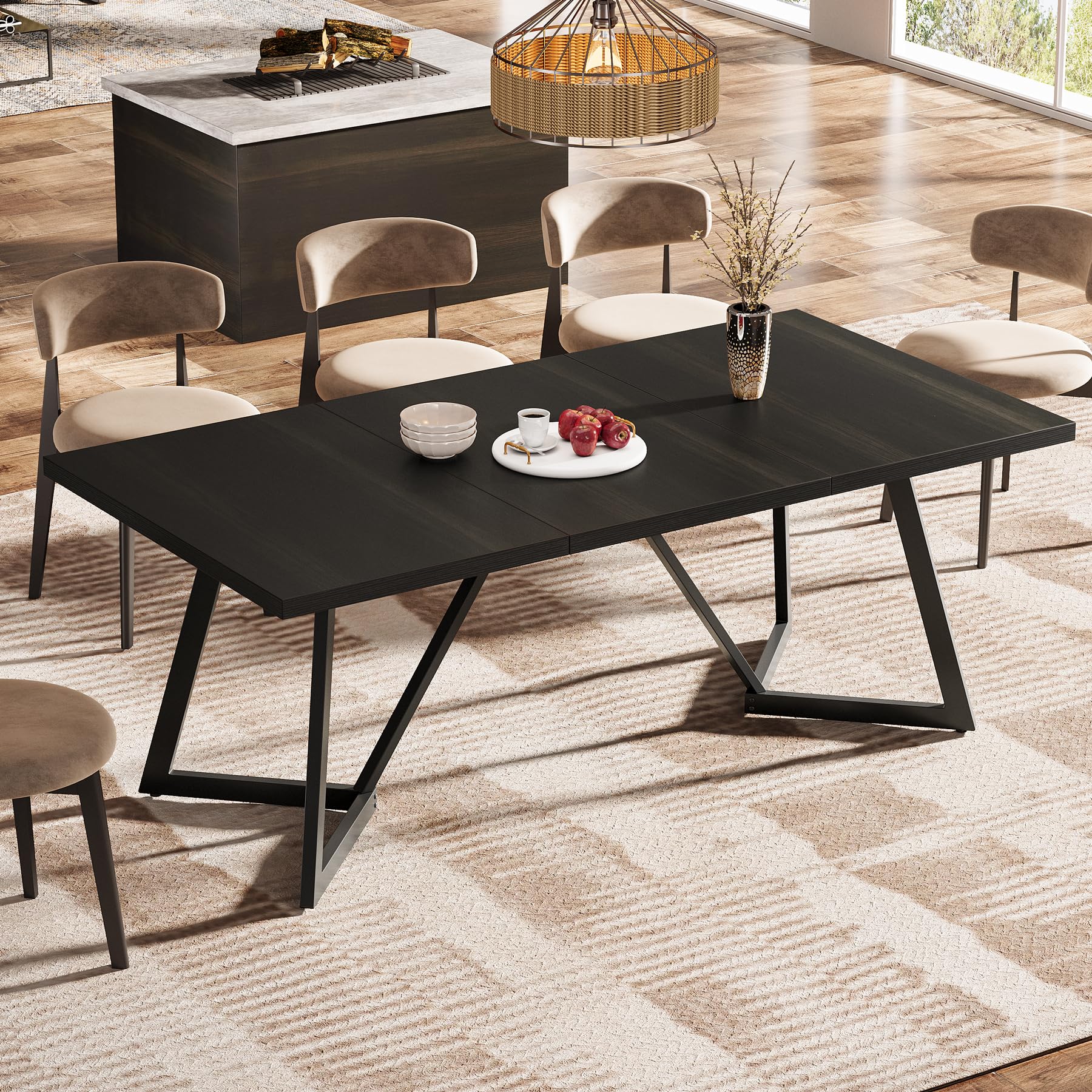 Tribesigns Grande tavolo da pranzo da 180 cm per 6-8 persone, tavolo da pranzo moderno con struttura in metallo, tavolo da cucina rettangolare per la sala da pranzo per la casa (nero)