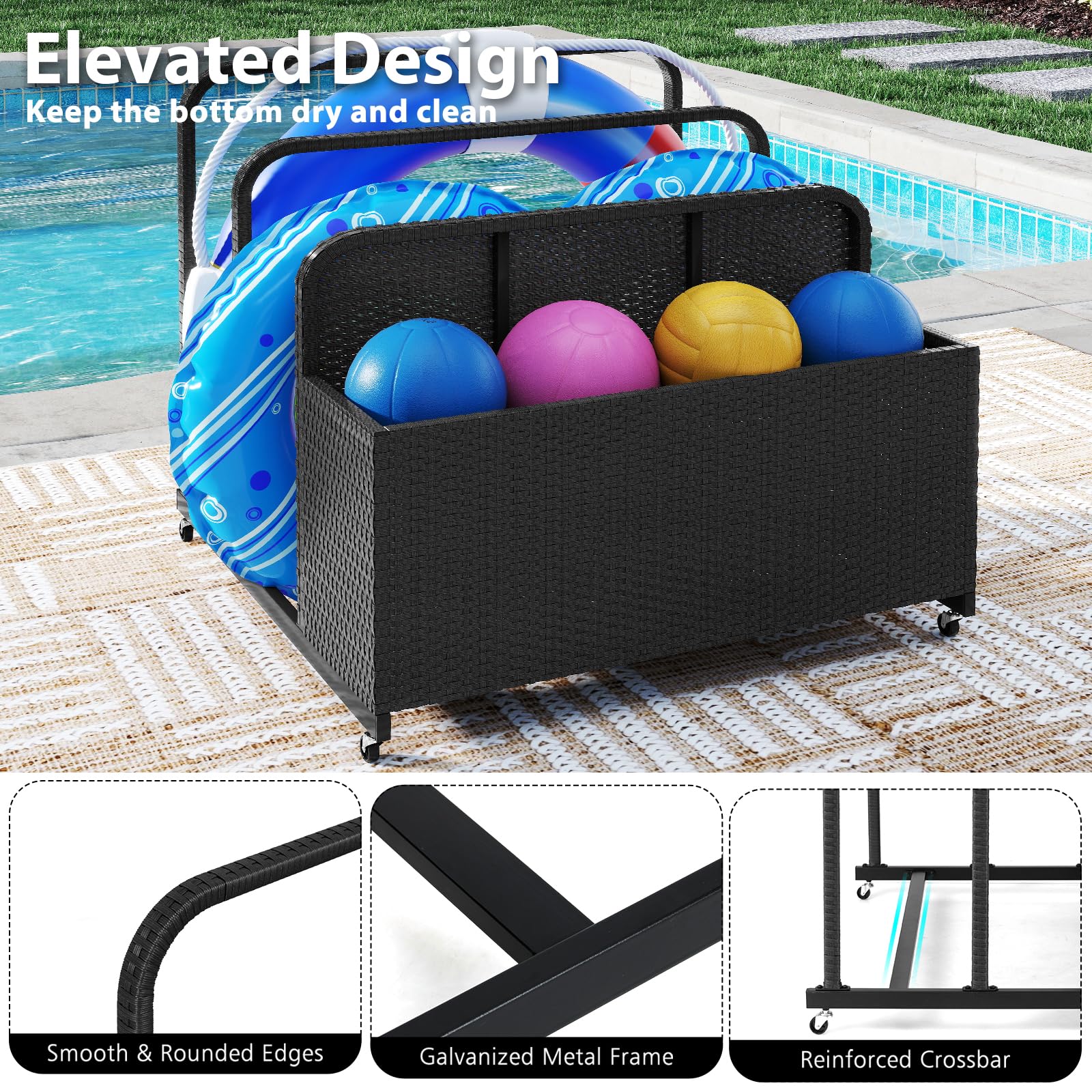 HOMASIS Baul Almacenaje de Exterior con 2 Toalleros, Contenedor de Almacenamiento para Flotadores de Piscina, Baúl Impermeable de Ratán para Patio Jardin Terraza (Negro)