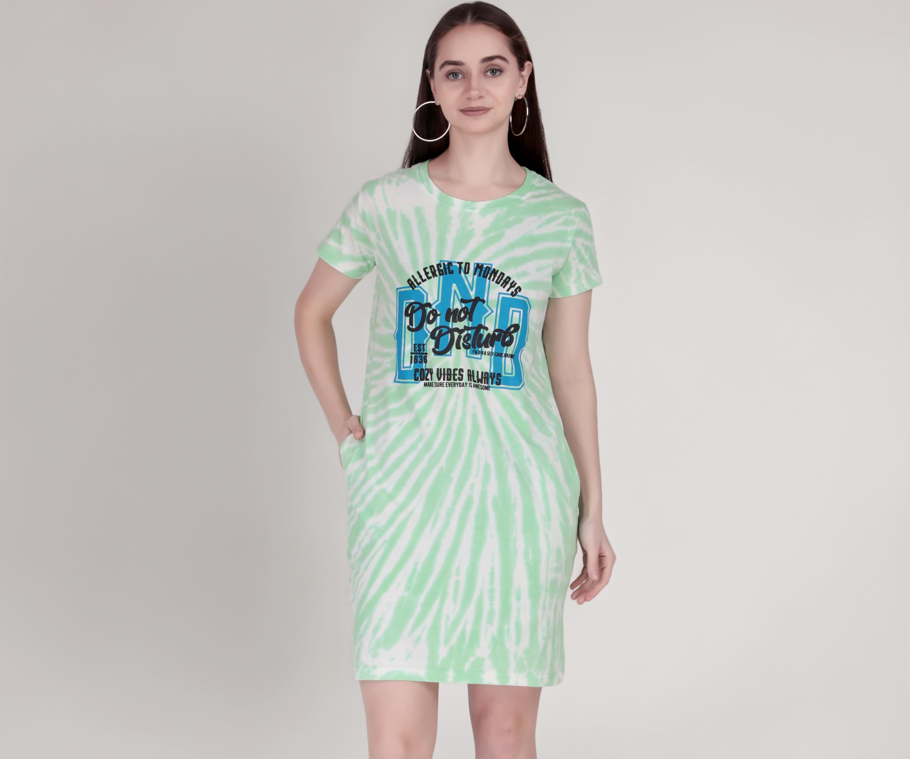 Women Cotton Long Tie Dye T-Shirt in Knee Length with Side Pockets Include Plus Sizes (Size S -5XL)