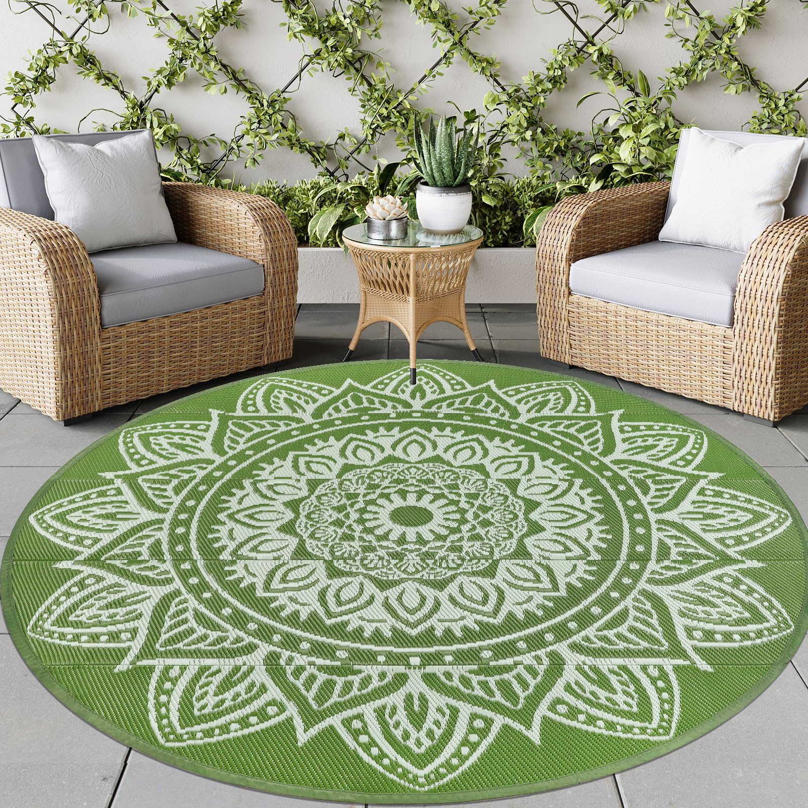 famibay Round Outdoor Rugs for Patios 6 Ft Round Outdoor Rug Waterproof Round Patio Rug Outdoor Plastic Straw Rug Lightweight Portable Boho Outdoor Carpet Mats for Patio Camping Porch(Yellowish Green)