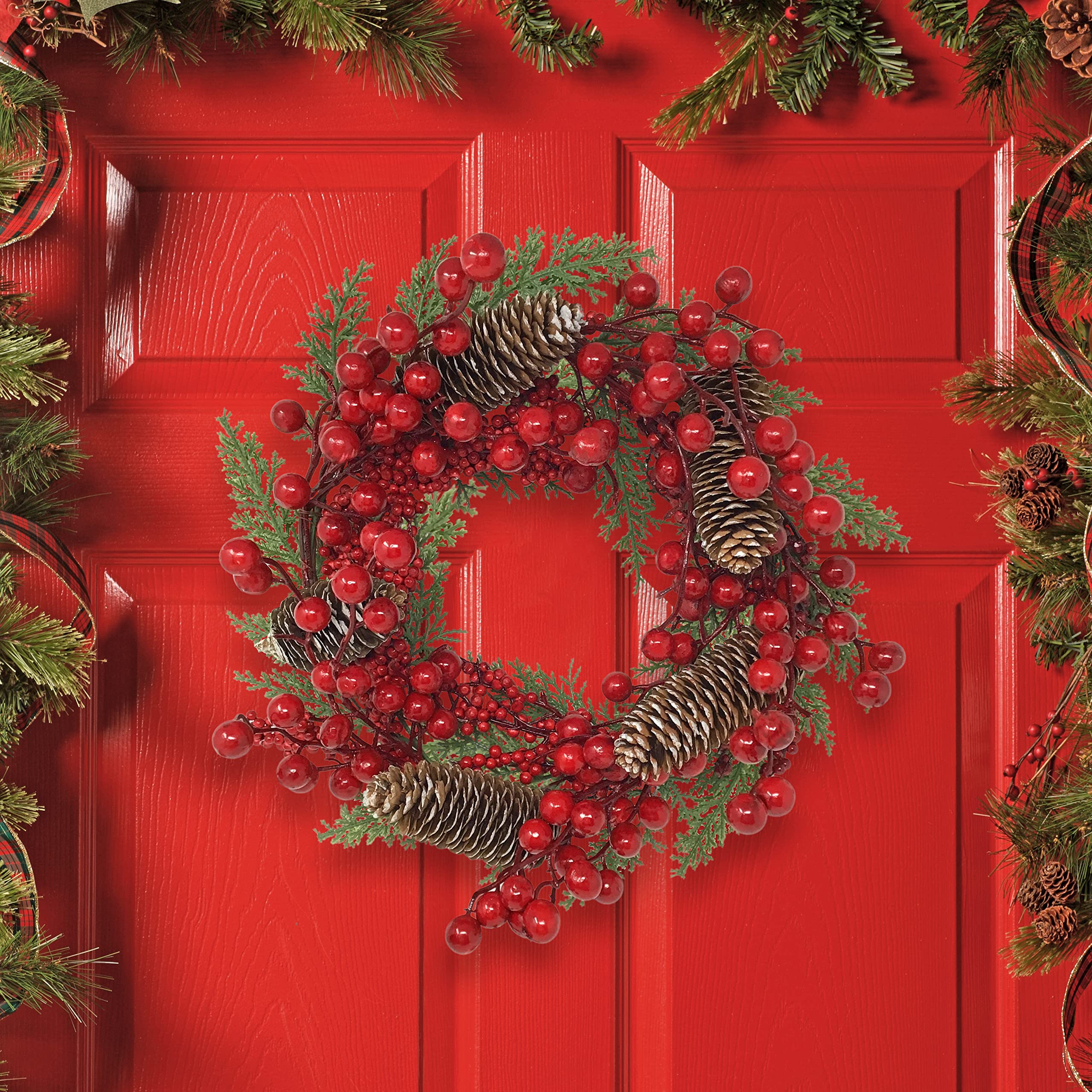 Couronne De Noël Artisanale 38cm - Branches De Pin, Baies, Ruban Rouge - Décoration Porte Ou Intérieur
