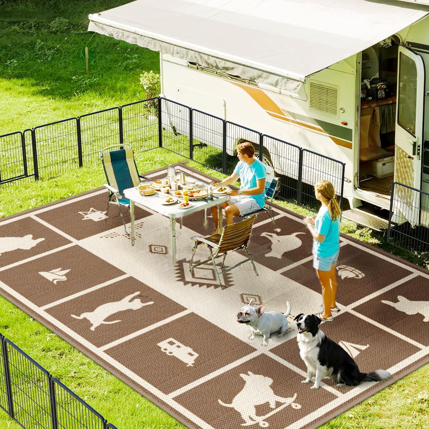 FXW Camping Rug, 8' x 10' Large Waterproof Portable RV Mat, Easy-to-Clean Straw Plastic Mat for Outdoor, Patio, Backyard, Deck, Picnic, Beach, Trailer, Brown & Beige