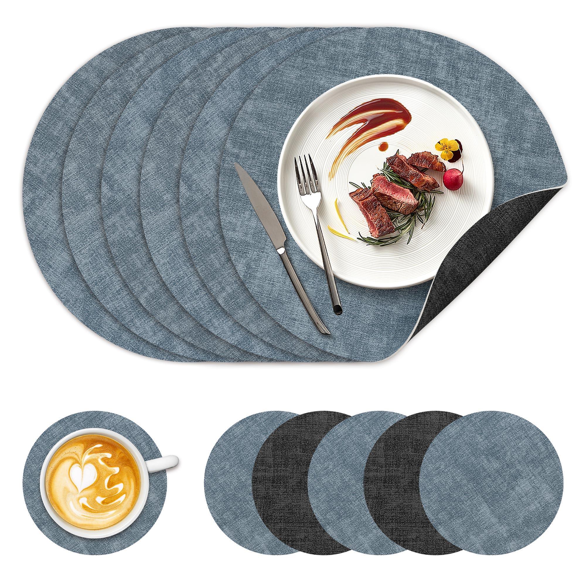 NCUE 13" Faux Leather Round Placemats Set of 6, Reversible Dual-Color