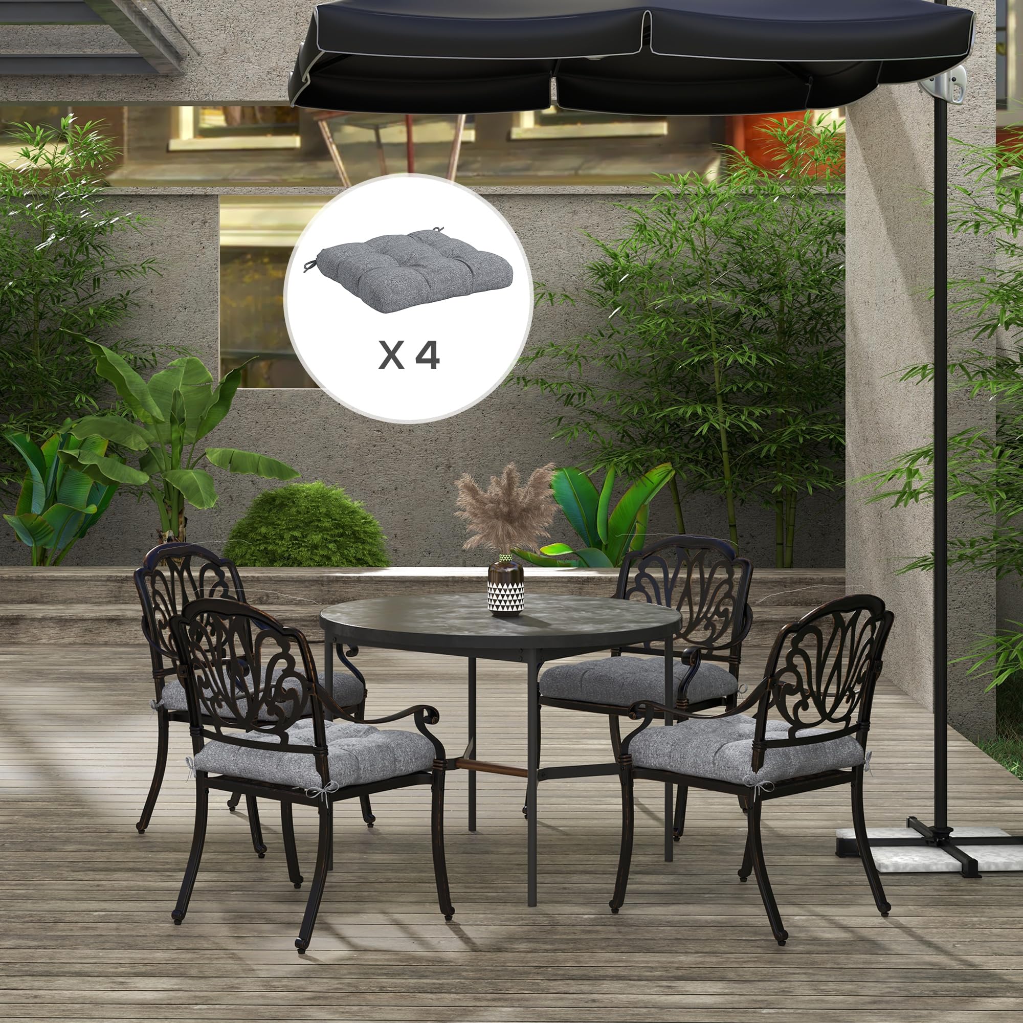 Outsunny Conjunto de Cojines para Sillas de Comedor 48x48x10 cm Juego de 4 Piezas Cojines para Sillas de Jardín Impermeable y Anti-UV con 2 Cordones de Fijación Gris