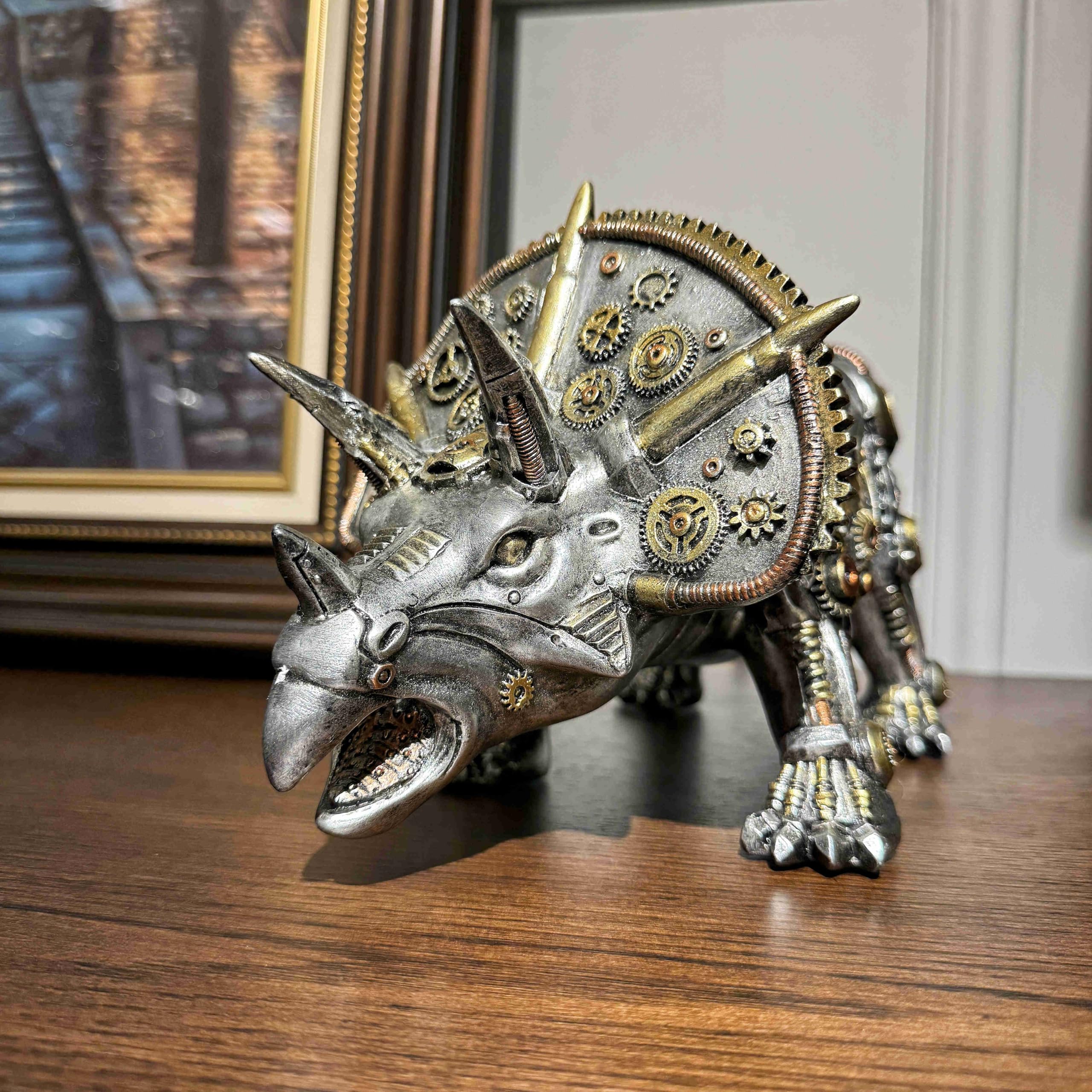 OUTOUR Steampunk Triceratops statuetka dinozaura, 38 cm, długa figurka z żywicy, dekoracja biurka, rzeźba, zwierzę, kolekcja, prezent dla mężczyzn, mężczyzn, dekoracja jaskini