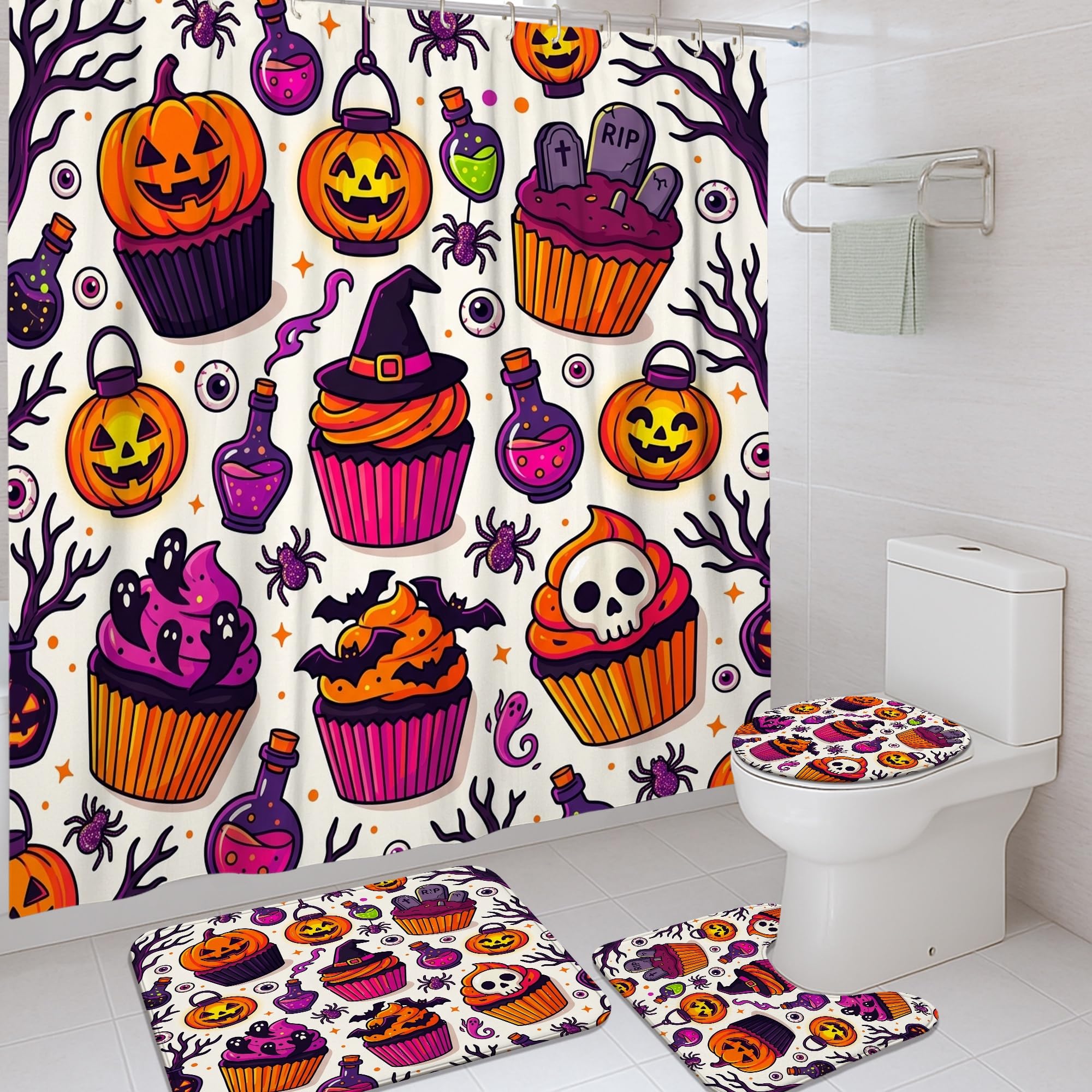 Rideau de douche en polyester imprimé citrouilles 183x183 texturé avec tapis en toile robustes