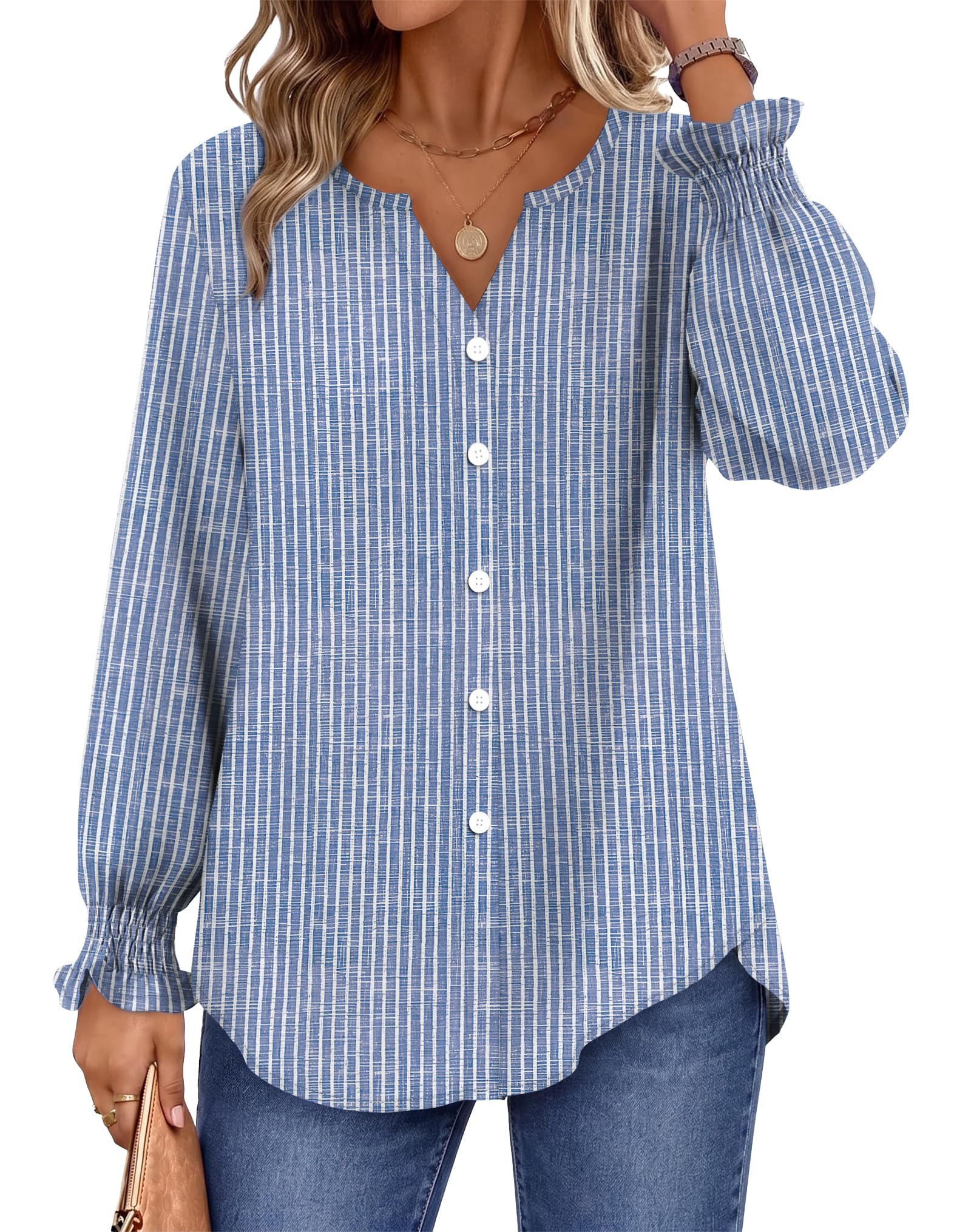 OFEEFAN Womens Long Sleeve Blouse V Neck Button Down Shirt Smocked Cuffs V Neck...