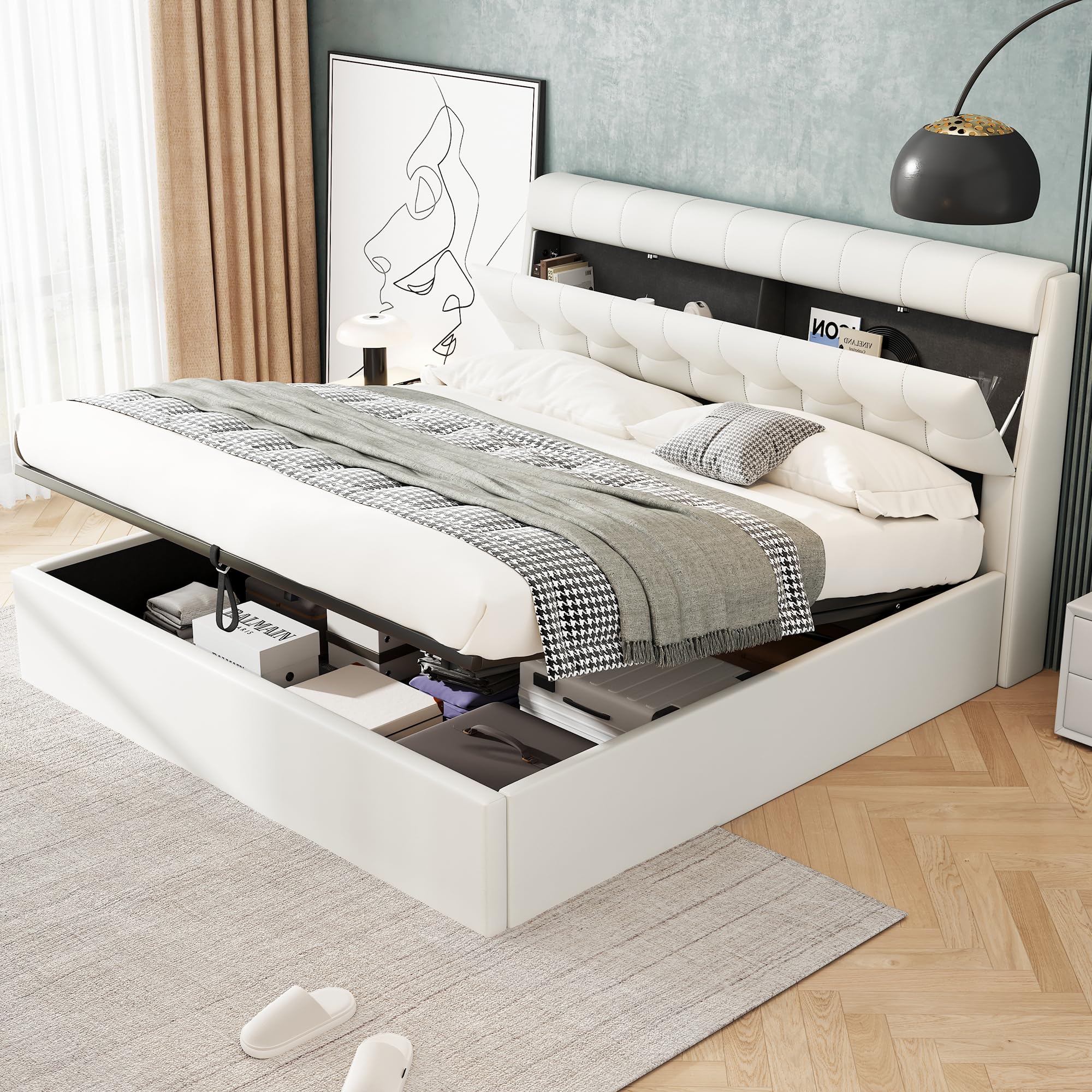 BTM Double Bed Frame, Double Bed with Concealed Headboard Storage and Hydraulic Bed Box, PU Upholstered 4ft6-135x190cm, No Mattress, Cream White